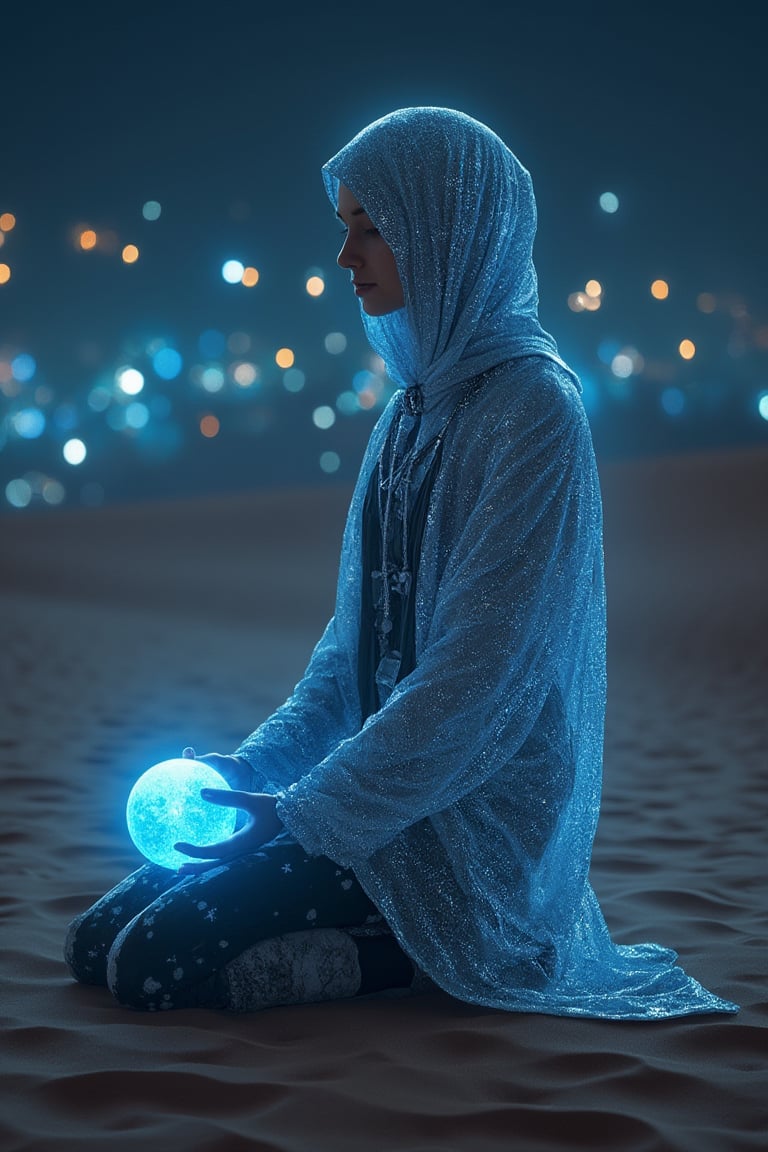 sci-fi shot of a Middle Eastern woman kneels peacefully in a glowing desert oasis, she is wearing sci_fic cloak glistening in the moonlight as floating orbs of energy illuminate the futuristic oasis around her.