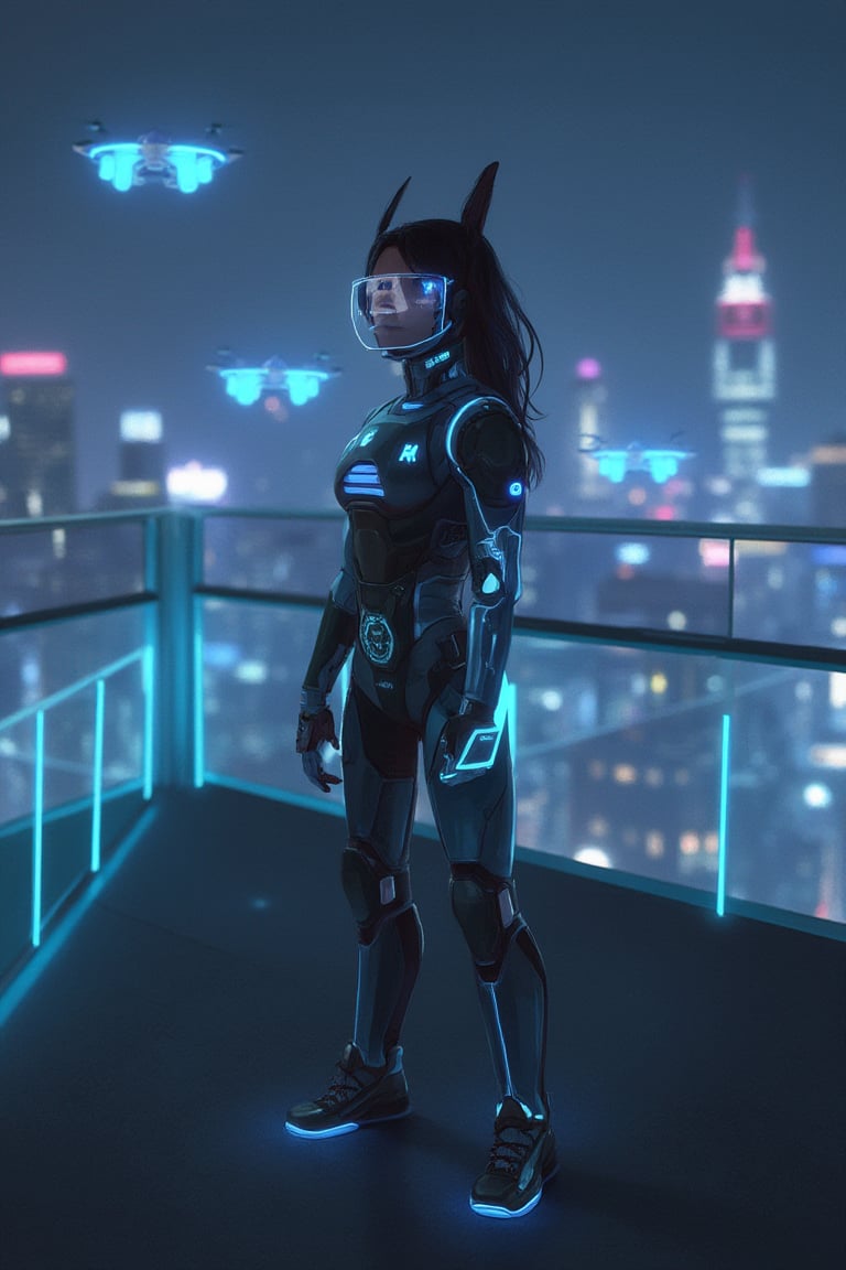 A Japanese woman in a glowing sci_fic bodysuit stands on a neon-lit rooftop at night, the city skyline reflecting in her visor, with bright holographic drones swirling around.