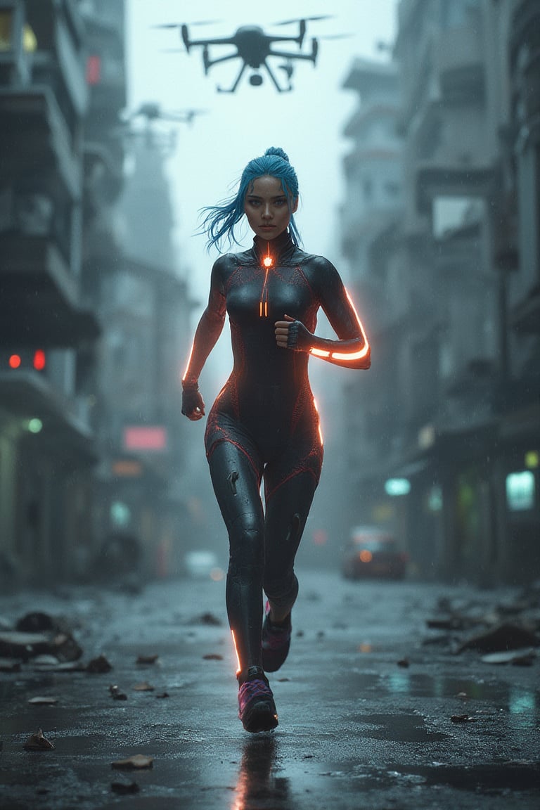 A Southeast Asian woman sprints through the crumbling streets of a high-tech dystopian city, her sci_fic bodysuit glowing in the rain as towering drones search the area.