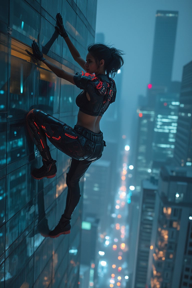 A Latina woman climbs a futuristic skyscraper, her sci_fic exoskeleton clinging to the glass as the reflection of the city lights creates a dynamic contrast to her glowing tech gear.