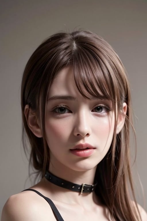 1girl solo brown hair closed mouth grey background collar lips realistic ,beauty,yui,masterpiece,best quality,hirose,Realism