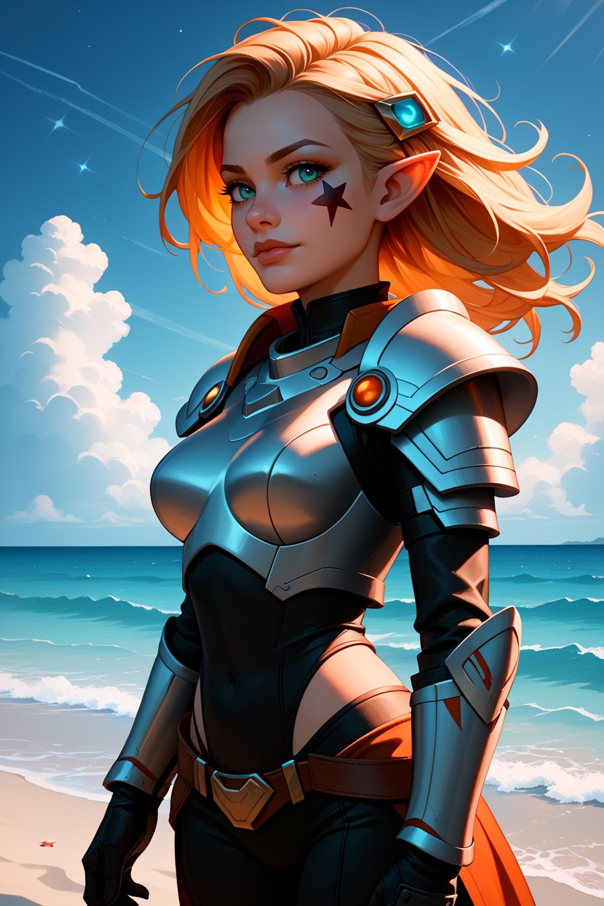 score_9, score_8_up, score_7_up, 1girl, girl in futuristic arnor, heavy shoulder pads, perfect shape, unknown race, colored eyes, tattoo on face, pointy ears, armor shimmers in different colors, war in the background, lumen light, scenery, star_(sky), outdoors, beach,   <lora:landscape_v1:1>