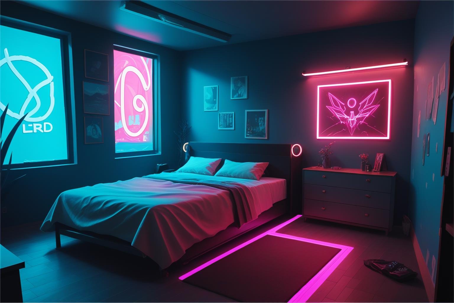 score_9, score_8_up, score_7_up, bedroom, modern interior, glowing neon light, fantasy art, digital art, no human, illustration, background  <lora:neonils_v2:0.8>