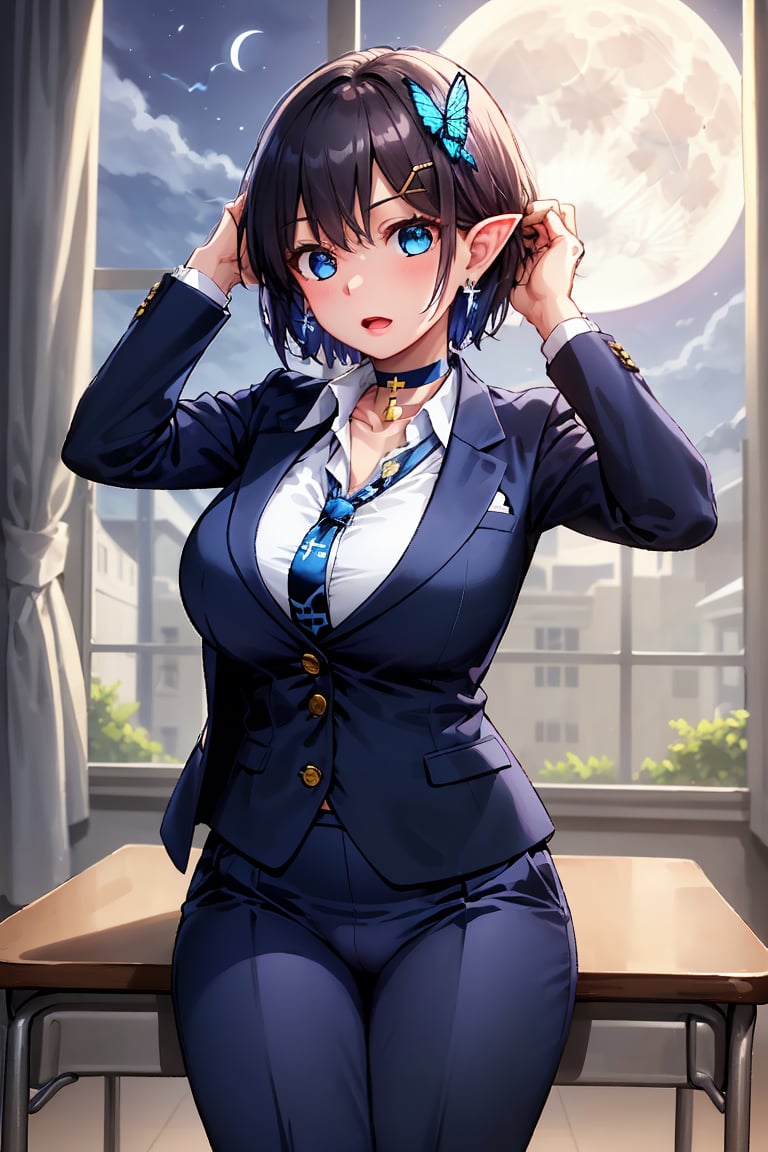 Masterpiece, Top Quality, Illustration, Succubus Princess, Cute, Pretty, ((midnight full moon in background)), (big full moon:1.3),
Boyish beautiful girl), (Very short hair), Long bangs and short hair at the back, Blue inside of hair, Blue butterfly hair ornament, (Blue cross earrings), Lace neck choker with a cross, Her blue jewel-like eyes are so beautiful that they seem to draw you in, Blake,
(Adjusting earrings with both hands), Adjusting hair with both hands, Fingers of both hands touching ears, (Slightly open chest and blue tie: 0.6), Hair clip,
Feminine black lace choker, The choker is a jet black lace choker accessory that resembles silk women's underwear or gold or silver jewelry. Shirt, Sitting, School uniform, Jacket, White shirt, Open mouth, Tie, Collared shirt, Pants, Indoors, Black jacket, Checkered, Window, Checkered slacks, Chair, m, Blazer, Hair ornament, Blue tie, Desk, School desk,Leotard genital tattoo,pubic tattoo,glowing tattoo,girl trembling with sexual climax,crowd,spoken heart