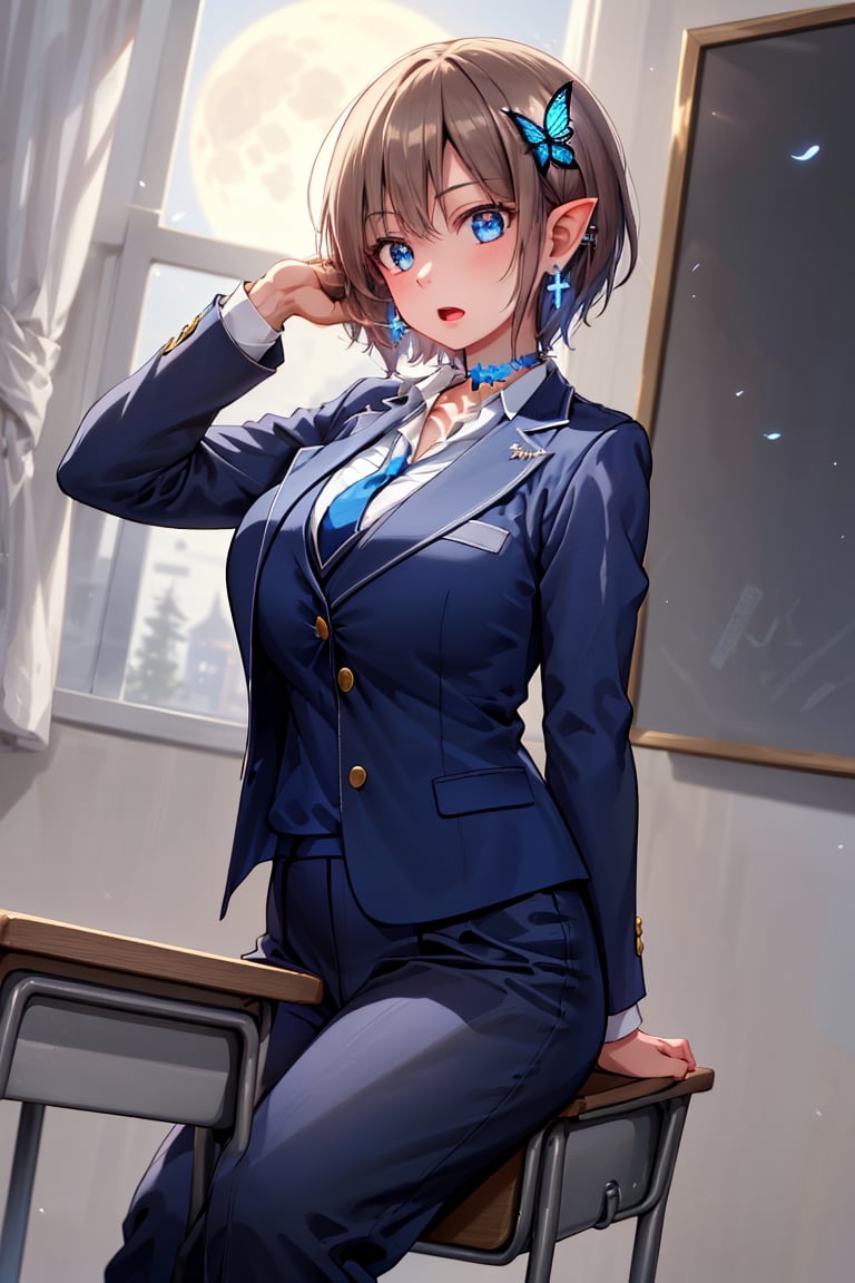 Masterpiece, Top Quality, Illustration, Succubus Princess, Cute, Pretty, (midnight full moon in background), (big full moon:1.3),
Boyish beautiful girl), (Very short hair), Long bangs and short hair at the back, Blue inside of hair, Blue butterfly hair ornament, (Blue cross earrings), Lace neck choker with a cross, Her blue jewel-like eyes are so beautiful that they seem to draw you in, Blake,
(Adjusting earrings with both hands), Adjusting hair with both hands, Fingers of both hands touching ears, (Slightly open chest and blue tie: 0.6), Hair clip,
Feminine black lace choker, The choker is a jet black lace choker accessory that resembles silk women's underwear or gold or silver jewelry. Shirt, Sitting, School uniform, Jacket, White shirt, Open mouth, Tie, Collared shirt, Pants, Indoors, Black jacket, Checkered, Window, Checkered slacks, Chair, m, Blazer, Hair ornament, Blue tie, Desk, School desk,Leotard genital tattoo,pubic tattoo,glowing tattoo,girl trembling with sexual climax,crowd,spoken heart