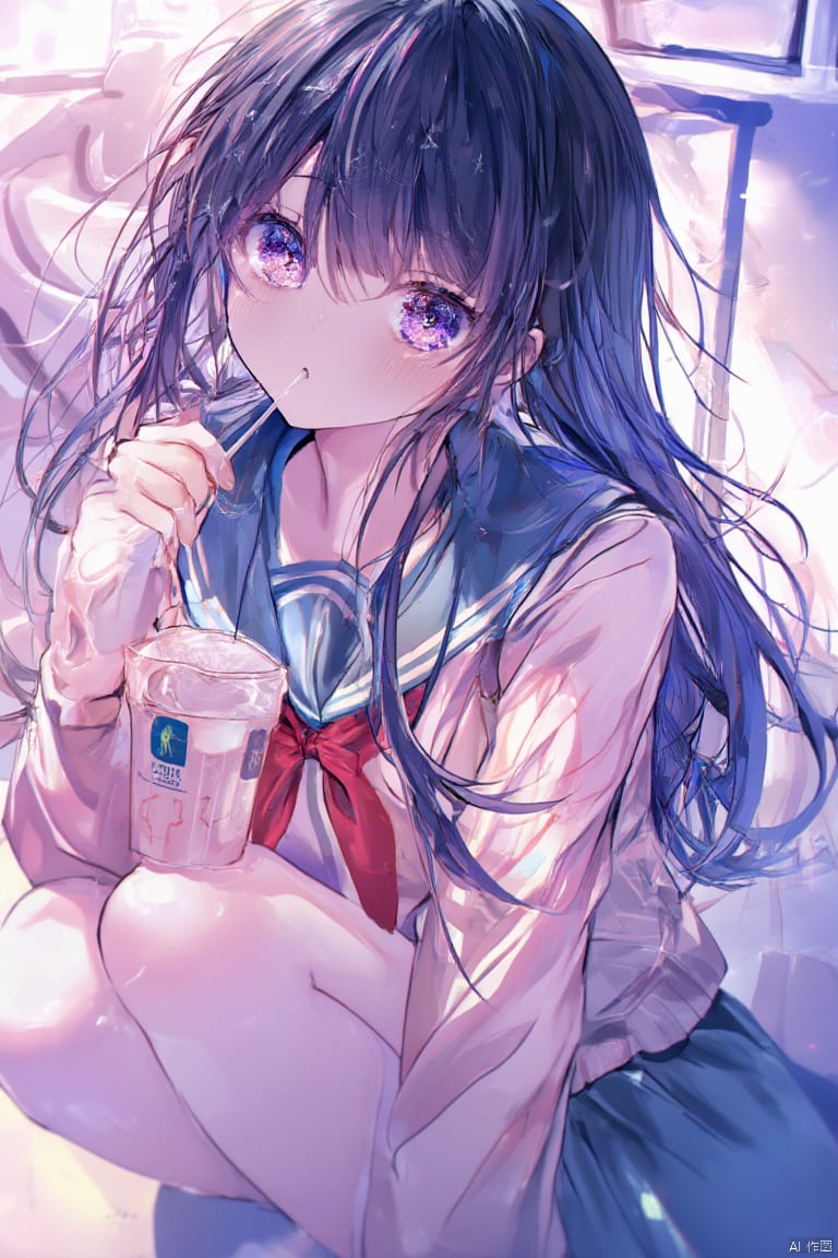 A masterpiece by artist Alens in the style of wlop and akmkmk3. A solo loli with long hair and purple eyes looks directly at the viewer from a low angle shot, her sailor collar and serafuku uniform gleaming in the soft light. Her black hair falls between her eyes, framing her blush-tinted cheeks as she squats, holding a drinking straw and sipping from a milk carton cup. The blue skirt flows around her legs, and the cardigan's neckline peaks above the sailor collar. A red neckerchief adds a pop of color to this high-quality artwork. #LoliArt #Masterpiece #SailorCollar,Celluloid