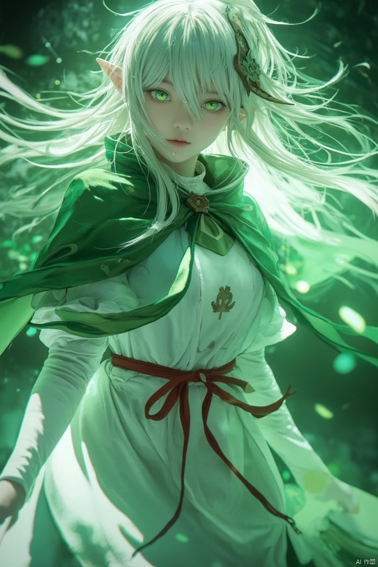 In a cinematic angle, Nahida from Genshin Impact stands solo, her striking features highlighted by soft green lighting. Her white hair flows down her back like a river, with long bangs framing her face and a side ponytail adorned with a hair ornament. Pointy ears and symbol-shaped pupils stand out against her white dress, which is cinched at the waist with a red rope. Green bloomers peek from beneath the dress, matching the gradient hues in her hair, which falls between her eyes like a veil. As she gazes directly at the viewer, her green cape flows behind her like a mist. A fallen rose petal lies at her feet, as if dropped by an unseen force.