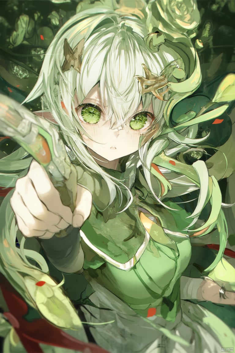 1girl,nahida (genshin impact),green eyes,solo,pointy ears,hair ornament,side ponytail,white hair,dress,bangs,long hair,looking at viewer,green hair,bloomers,gradient hair,green cape,white dress,symbol-shaped pupils,hair between eyes,cross-shaped pupils,cape,underwear,cinematic_angle,((rose)), (vine), cage, bandage, red rope, (detail light), falling rose petals,aiming,aiming_at_viewer,