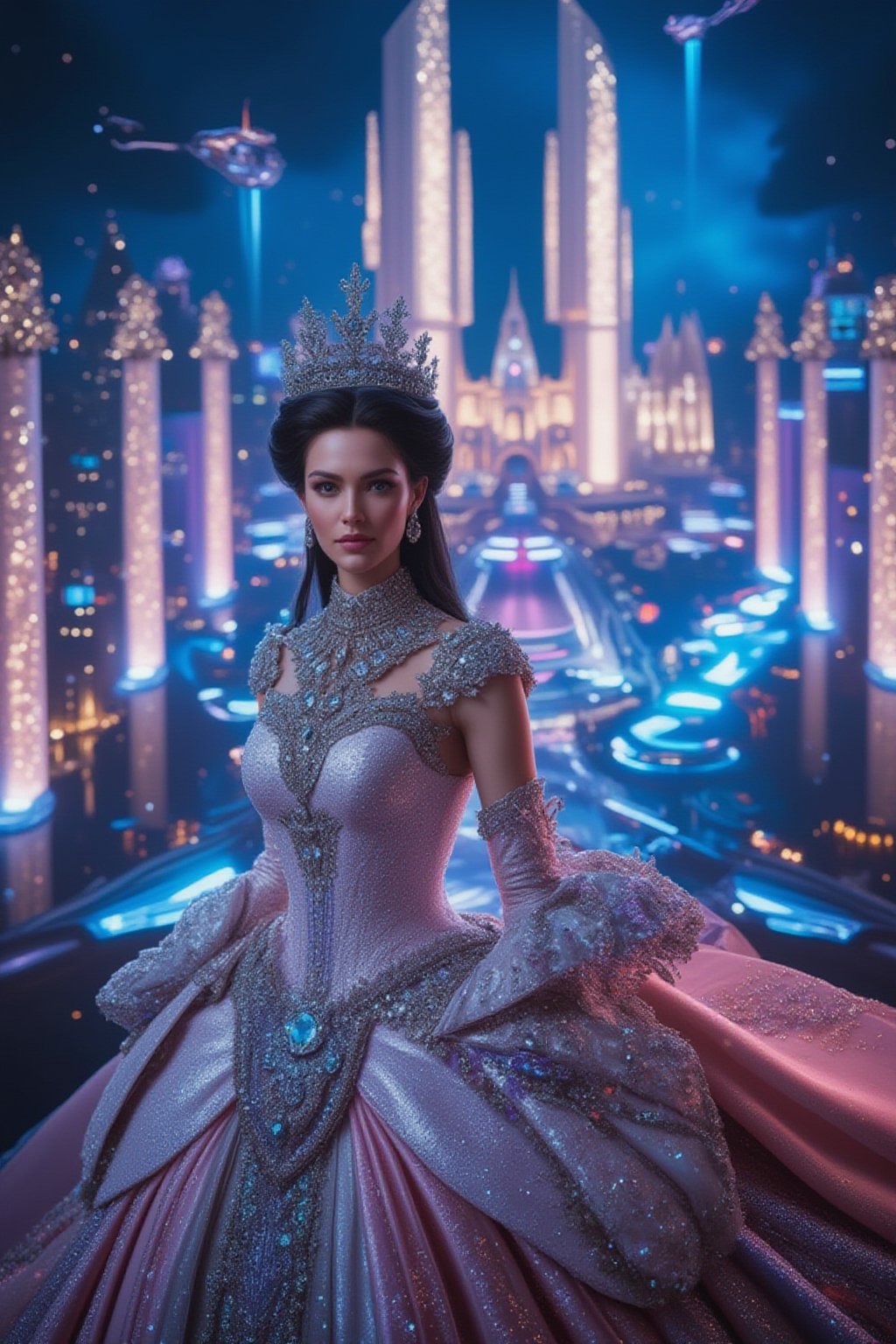 A regal princess of a futuristic high-tech empire, wearing a luxurious dress made from shimmering fabrics and adorned with futuristic holographic jewels. Her attire blends high fashion with advanced technology, including light-emitting designs and metallic textures. In the background is a majestic high-tech palace with enormous crystal towers, floating structures, and neon-lit pathways, set against a backdrop of a glowing futuristic metropolis with flying cars and vibrant holographic billboards. FuturEvoLabElegant
