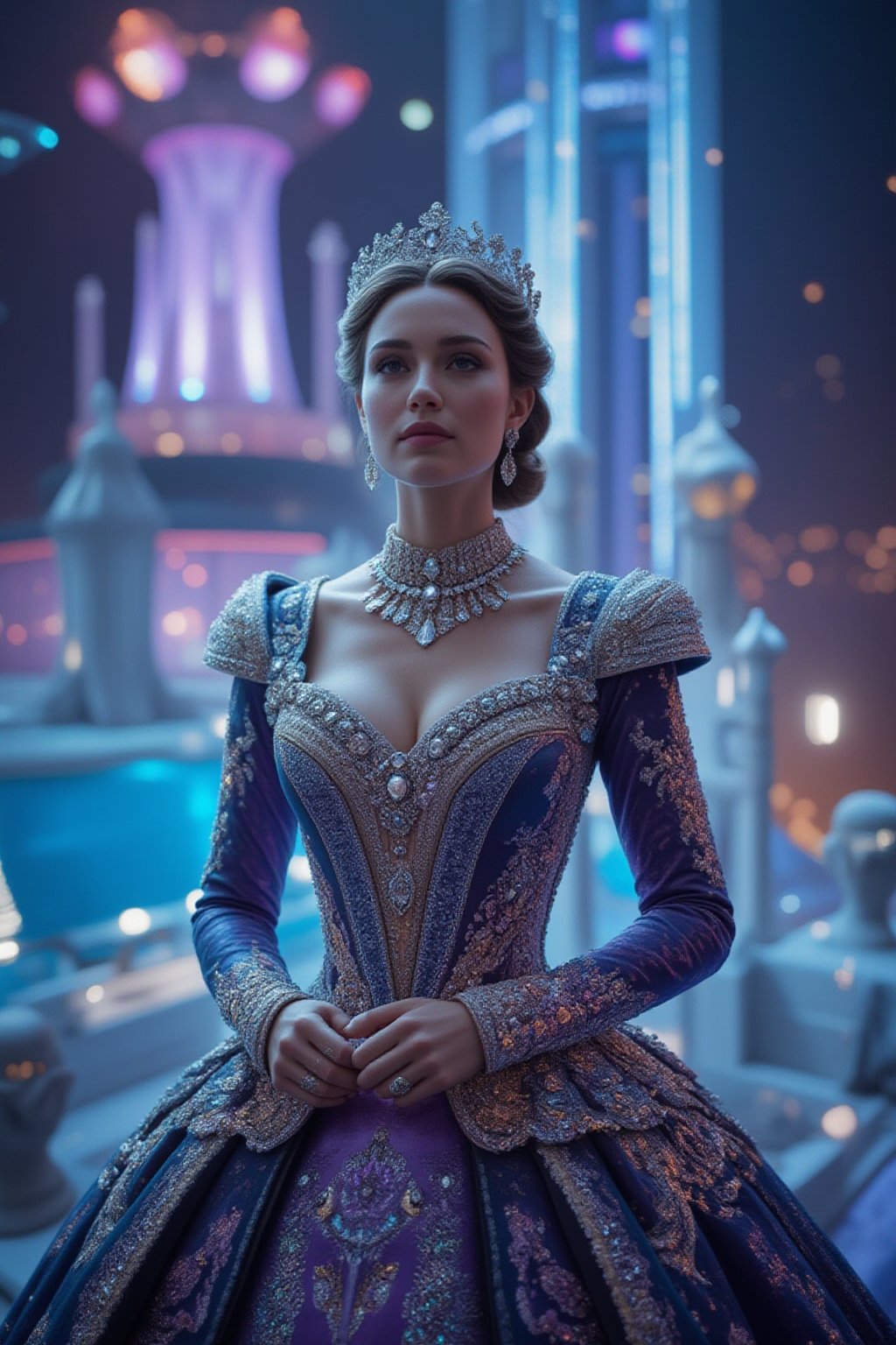 A regal princess of a futuristic high-tech empire, wearing a luxurious dress made from shimmering fabrics and adorned with futuristic holographic jewels. Her attire blends high fashion with advanced technology, including light-emitting designs and metallic textures. In the background is a majestic high-tech palace with enormous crystal towers, floating structures, and neon-lit pathways, set against a backdrop of a glowing futuristic metropolis with flying cars and vibrant holographic billboards. FuturEvoLabElegant
