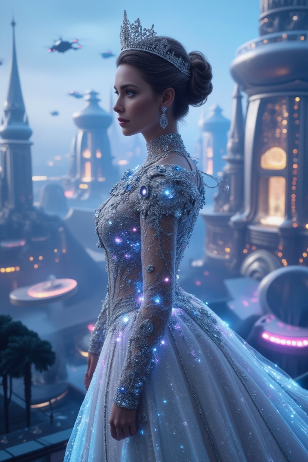 A futuristic princess from a technologically advanced kingdom, dressed in a glamorous gown that combines futuristic materials like silver mesh and transparent fabric with royal ornamentation. Her attire glows with neon lights and has intricate patterns like circuit boards. Behind her is a grand futuristic palace made of glass and metal, with hovering platforms, glowing windows, and a sky full of drones and sleek flying vehicles. The palace and surrounding area are illuminated by a soft blue and purple glow. FuturEvoLabElegant
