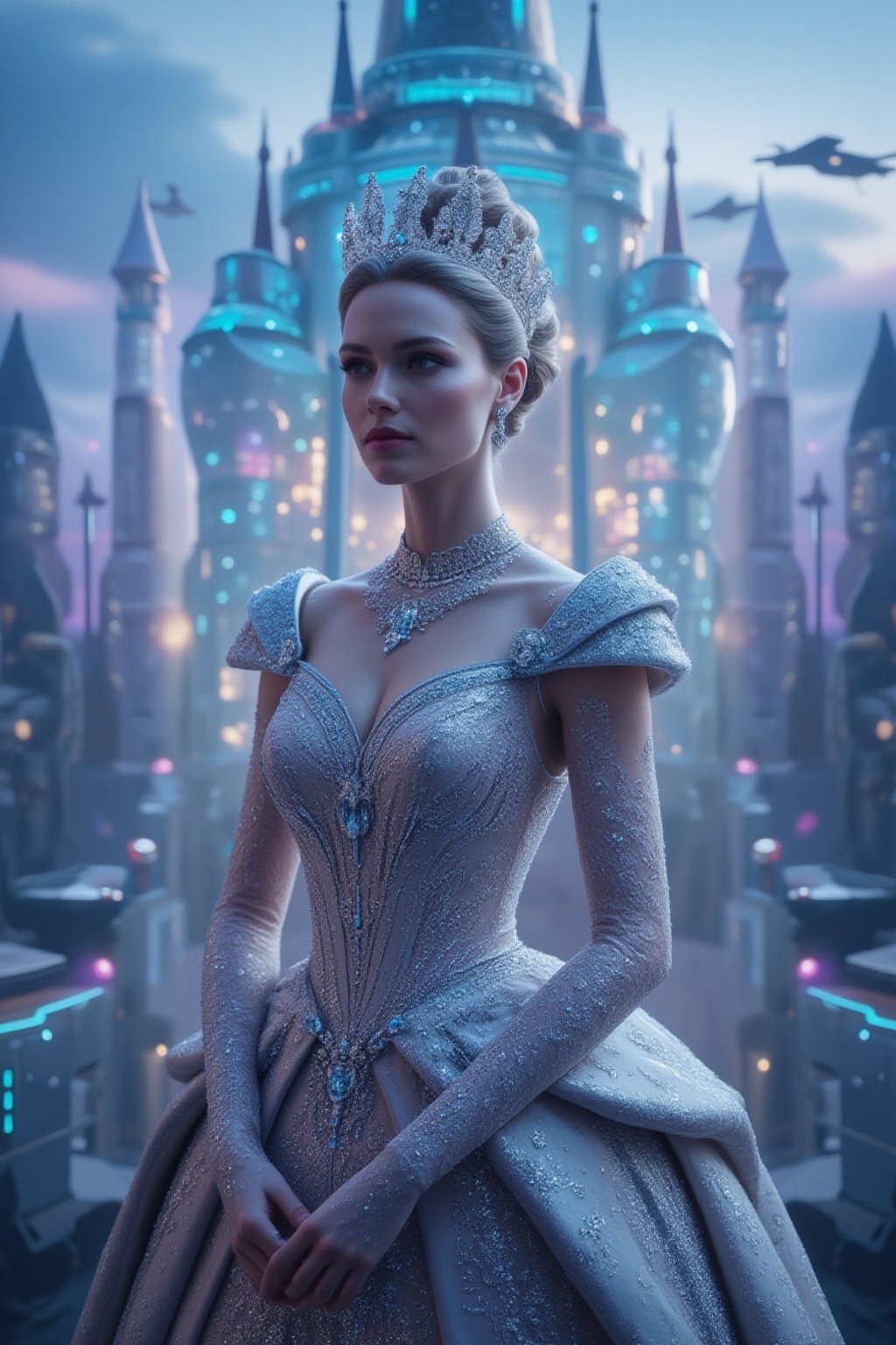 A futuristic princess from a technologically advanced kingdom, dressed in a glamorous gown that combines futuristic materials like silver mesh and transparent fabric with royal ornamentation. Her attire glows with neon lights and has intricate patterns like circuit boards. Behind her is a grand futuristic palace made of glass and metal, with hovering platforms, glowing windows, and a sky full of drones and sleek flying vehicles. The palace and surrounding area are illuminated by a soft blue and purple glow. FuturEvoLabElegant
