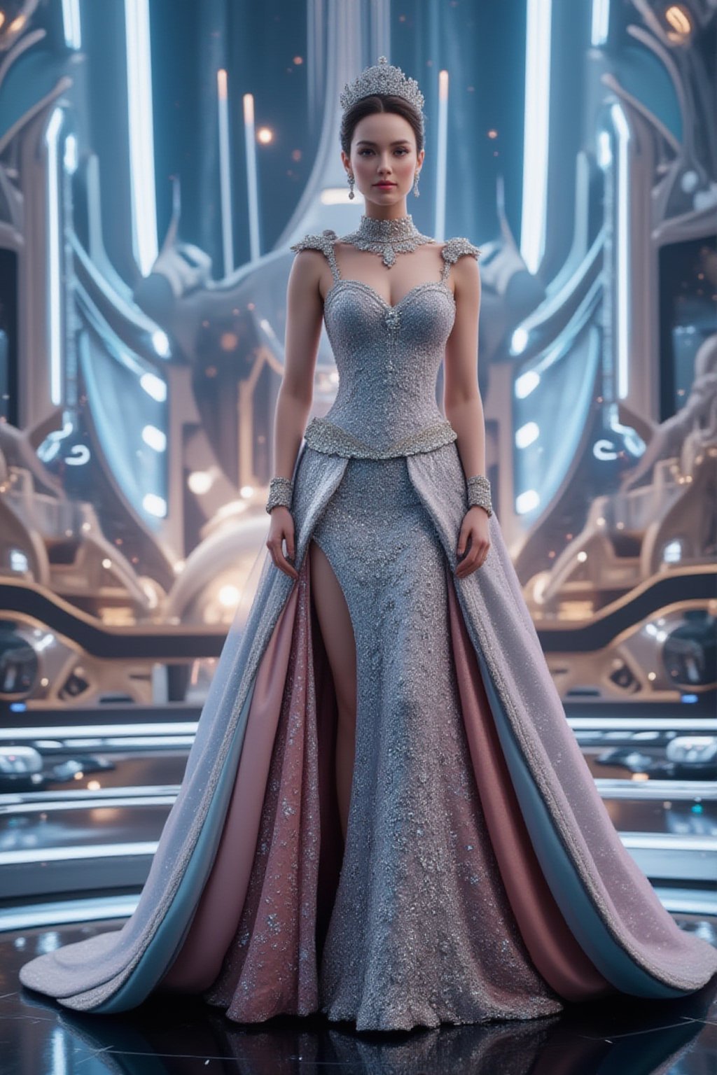 A futuristic royal princess from a high-tech nation, wearing an elegant and luxurious gown that merges futuristic design with regal splendor. The dress has metallic accents, holographic details, and intricate patterns, with flowing fabric that reflects light in soft neon hues. She stands confidently in front of a high-tech palace with sleek, towering structures, glowing energy lines, and advanced architecture blending technology and beauty. The background is filled with a bright, futuristic cityscape, featuring flying vehicles and digital displays.,FuturEvoLabElegant