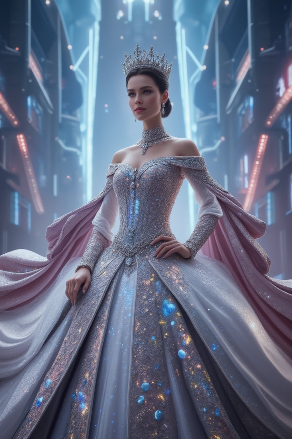 A futuristic royal princess from a high-tech nation, wearing an elegant and luxurious gown that merges futuristic design with regal splendor. The dress has metallic accents, holographic details, and intricate patterns, with flowing fabric that reflects light in soft neon hues. She stands confidently in front of a high-tech palace with sleek, towering structures, glowing energy lines, and advanced architecture blending technology and beauty. The background is filled with a bright, futuristic cityscape, featuring flying vehicles and digital displays.,FuturEvoLabElegant