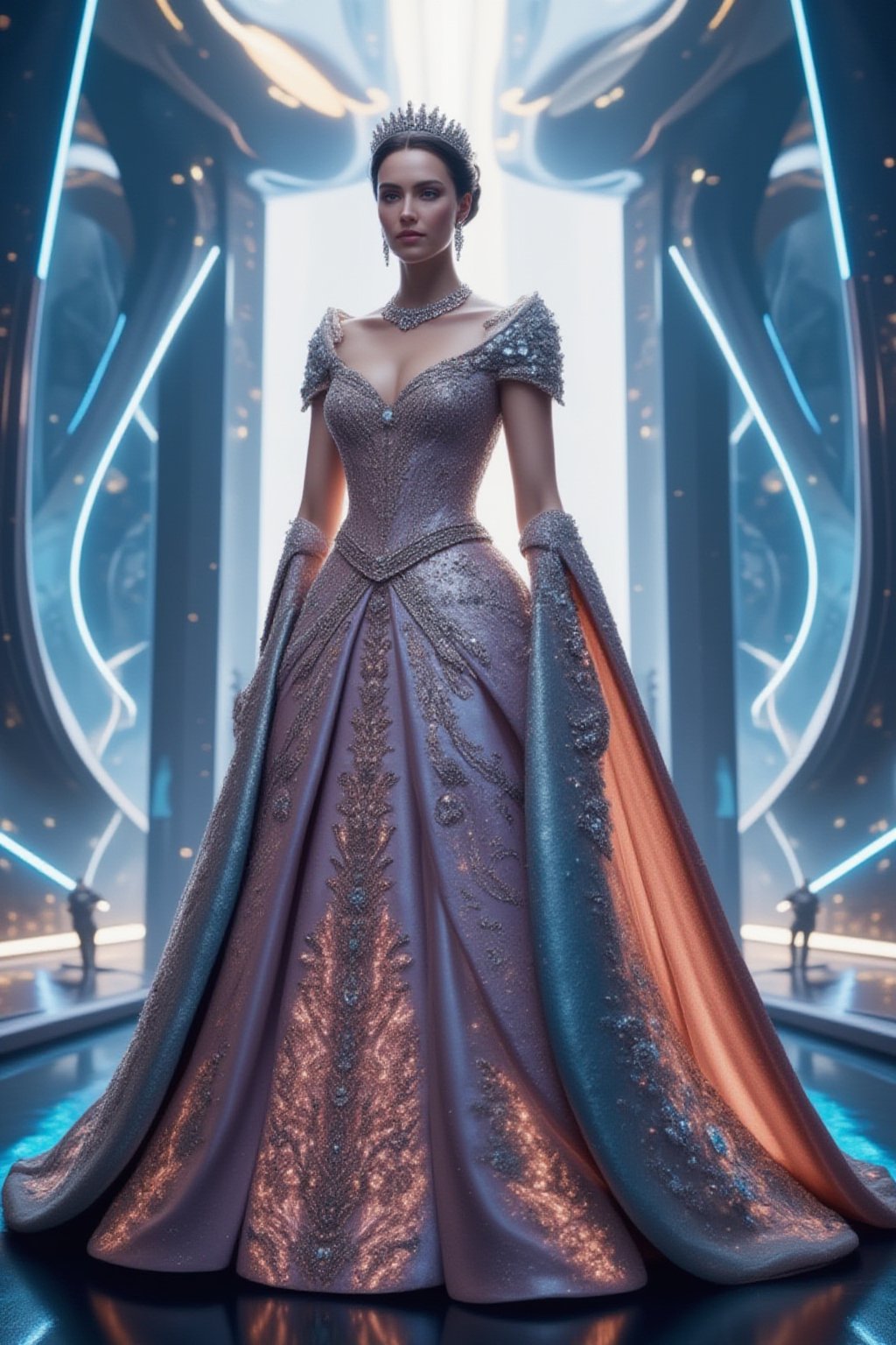 A futuristic royal princess from a high-tech nation, wearing an elegant and luxurious gown that merges futuristic design with regal splendor. The dress has metallic accents, holographic details, and intricate patterns, with flowing fabric that reflects light in soft neon hues. She stands confidently in front of a high-tech palace with sleek, towering structures, glowing energy lines, and advanced architecture blending technology and beauty. The background is filled with a bright, futuristic cityscape, featuring flying vehicles and digital displays.,FuturEvoLabElegant