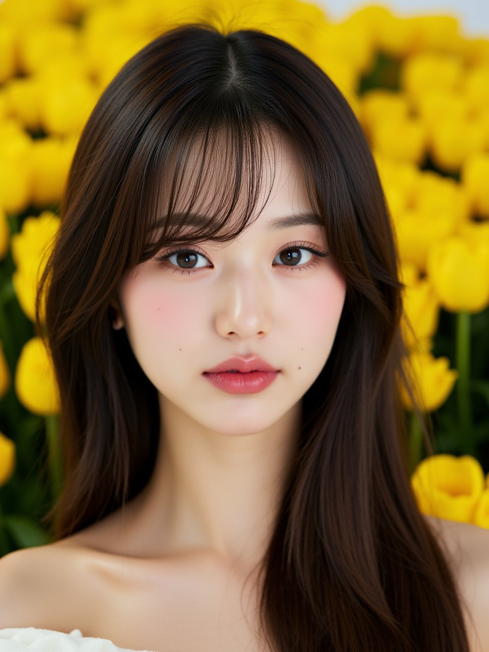 photorealistic,portrait of hubggirl, A young woman with dark hair and striking eyes, posing thoughtfully in front of a vibrant yellow flower backdrop." - Hapa Kristin's Instagram caption suggestion for this photo. 