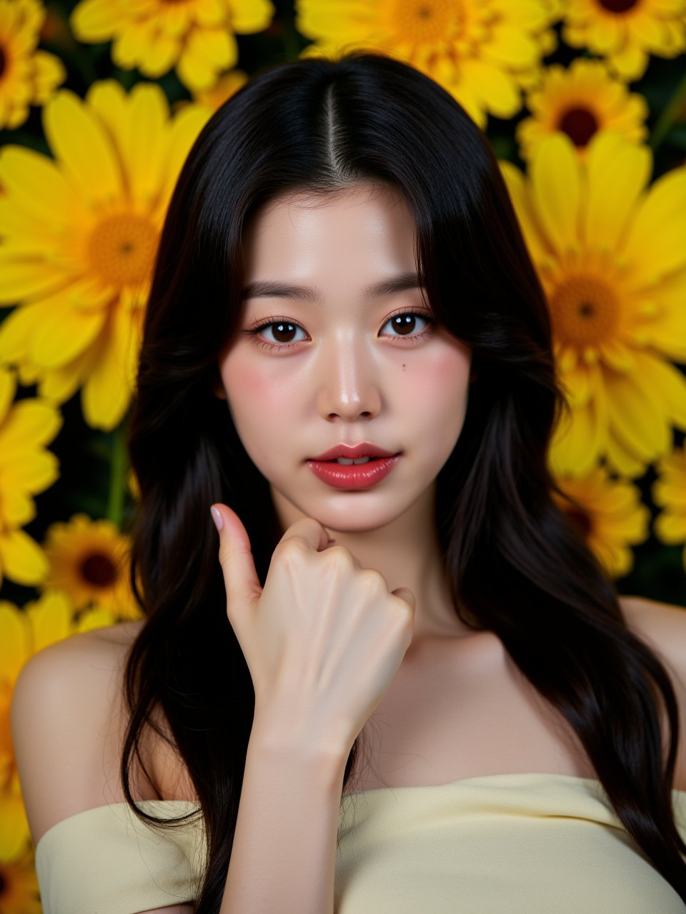 photorealistic,portrait of hubggirl, A young woman with dark hair and striking eyes, posing thoughtfully in front of a vibrant yellow flower backdrop." - Hapa Kristin's Instagram caption suggestion for this photo. 