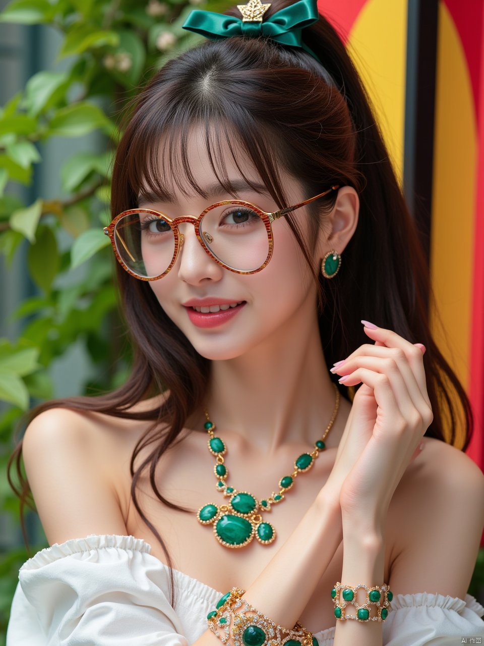 Portrait of a 21-year-old hubggirl, solo and direct at the viewer with a warm smile. She wears an ensemble of luxurious gold-trim jewelry, including long earrings and a bow hair ornament. A stunning Agate necklace and Emerald bracelet adorn her neck and wrist, respectively, while Diamonds and Onyx add subtle sparkle. Her eyes are framed by Wangyushan's signature eyeglasses. Set against a backdrop of vibrant colors, the scene is bathed in bright natural light, showcasing every detail with high contrast HDR photography.