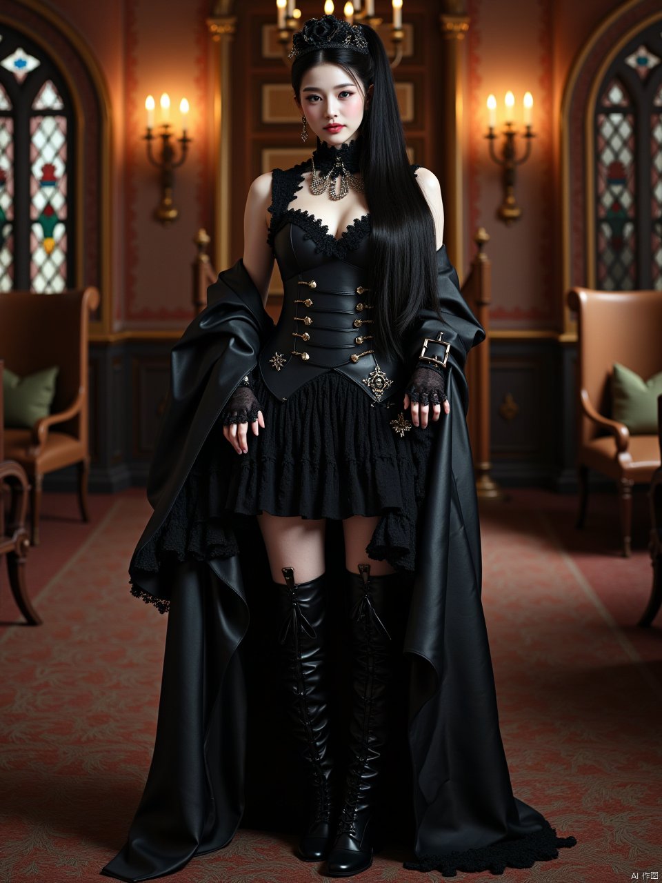 In a grand, luxurious medieval palace interior, a mesmerizing, mature curvy gothic woman stands confidently, her long hair tied in a sleek, high ponytail. She gazes directly at the viewer with an air of mystery and enchantment. Her pale skin glistens with subsurface scattering, while her dark, rich hair cascades down her back like a waterfall.

She wears a stunning outfit that blends Victorian and Gothic Lolita styles, featuring black lace gloves, an aristocratic hat, leather knee boots, and a ruffled blouse layered under a dramatic, Gothic-inspired skirt. The overall effect is one of opulence and extravagance, with intricate details and patterns adorning her clothes and the palace's antique furniture, stained glass windows, and gothic wallpaper.

In the background, chandeliers cast warm, cinematic lighting, while victorian wall lamps add a touch of elegance to the scene. A leather coat with prominent buckles hangs artfully over her shoulder, adding a touch of gothpunk flair. The atmosphere is solemn, with a focus on antique bronze tones and a sense of dark fairytale fantasy. The overall image exudes photorealistic quality, with attention paid to every detail, from the subject's skin texture to the intricate patterns on her clothes.