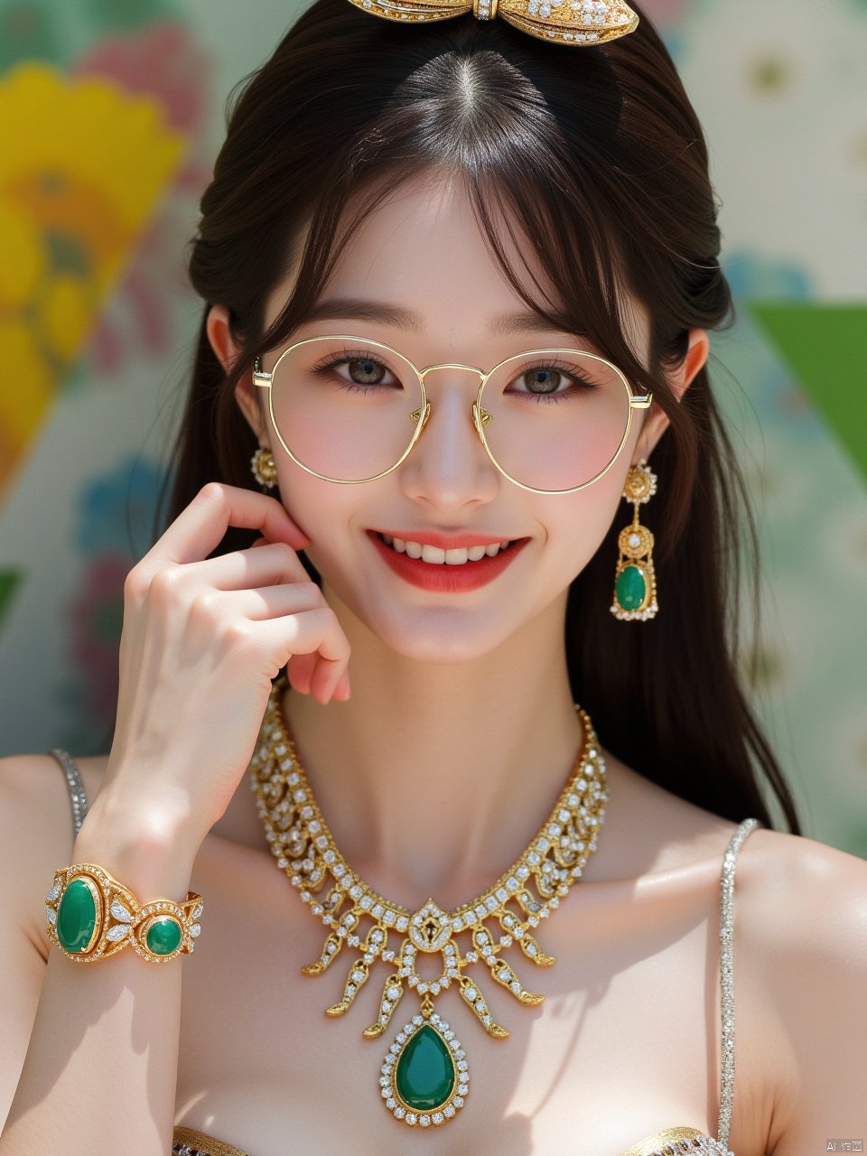 Portrait of a 21-year-old hubggirl, solo and direct at the viewer with a warm smile. She wears an ensemble of luxurious gold-trim jewelry, including long earrings and a bow hair ornament. A stunning Agate necklace and Emerald bracelet adorn her neck and wrist, respectively, while Diamonds and Onyx add subtle sparkle. Her eyes are framed by Wangyushan's signature eyeglasses. Set against a backdrop of vibrant colors, the scene is bathed in bright natural light, showcasing every detail with high contrast HDR photography.