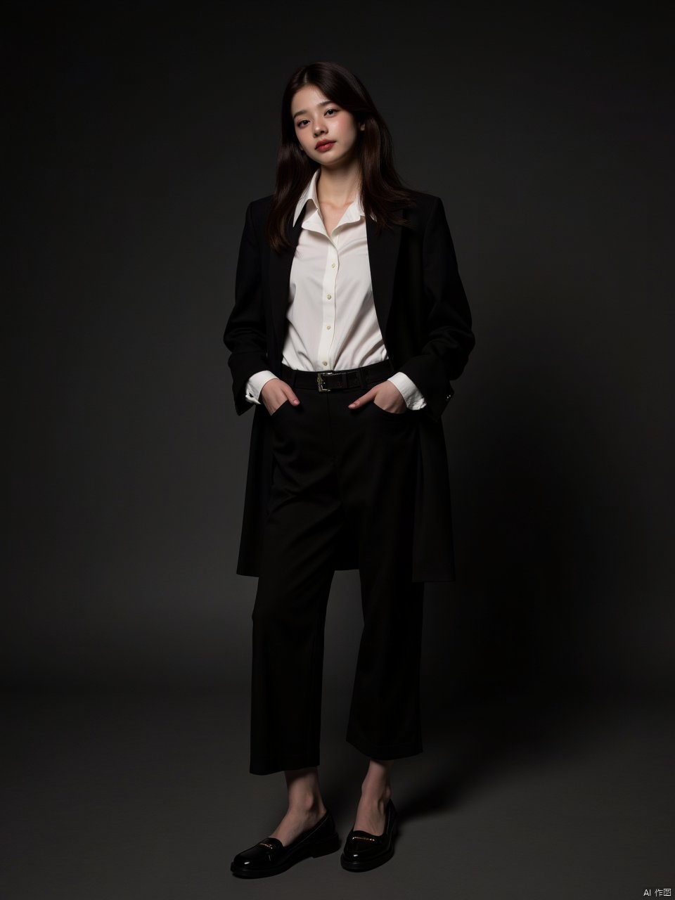 A captivating 35mm photograph of a 20-year-old hubggirl exudes confidence and elegance as she looks directly at the viewer with clear facial contours illuminated by dramatic, dark, moody lighting that accentuates voluminous shadows. She wears smart-casual attire, featuring a blouse, tailored pants, loafers, and a relaxed blazer, or perhaps a midi dress, all captured in high definition using an 8K Hasselblad camera with the iconic 50mm f/1.9 lens, showcasing the subject's beauty in stunning detail.