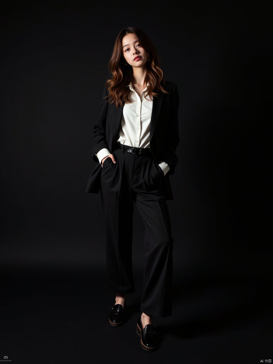 A captivating 35mm photograph of a 20-year-old hubggirl exudes confidence and elegance as she looks directly at the viewer with clear facial contours illuminated by dramatic, dark, moody lighting that accentuates voluminous shadows. She wears smart-casual attire, featuring a blouse, tailored pants, loafers, and a relaxed blazer, or perhaps a midi dress, all captured in high definition using an 8K Hasselblad camera with the iconic 50mm f/1.9 lens, showcasing the subject's beauty in stunning detail.