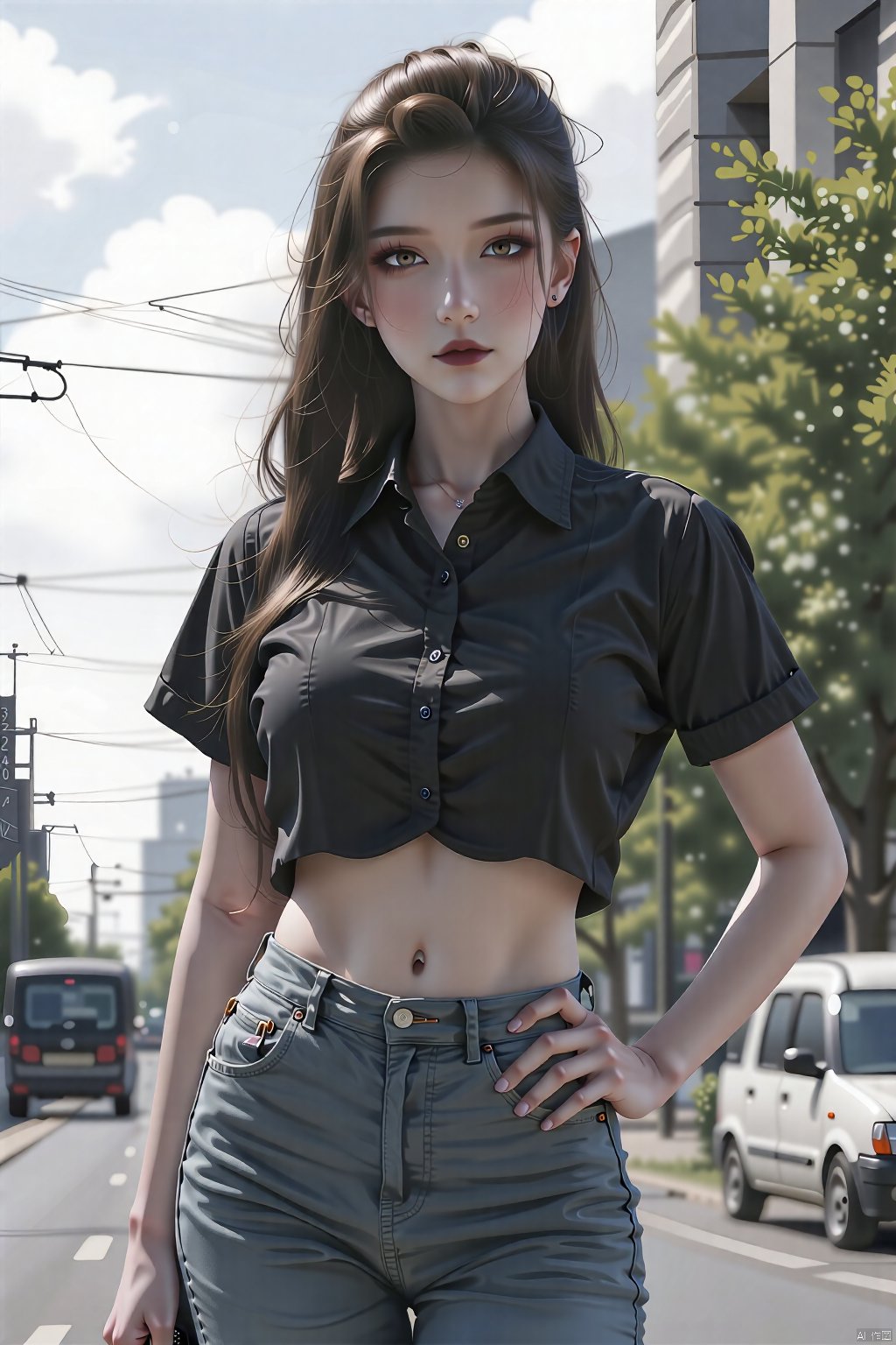  8K image., shinkai color, ((poakl)),GF,1girl, solo, long hair, breasts, looking at viewer, large breasts, brown hair, shirt, navel, brown eyes, closed mouth, standing, short sleeves, outdoors, sky, solo focus, day, midriff, pants, artist name, bag, blurry, tree, lips, crop top, hand on hip, black shirt, blurry background, thigh gap, denim, hand on own chest, ground vehicle, building, motor vehicle, jeans, handbag, city, taut clothes, car, road, taut shirt, street