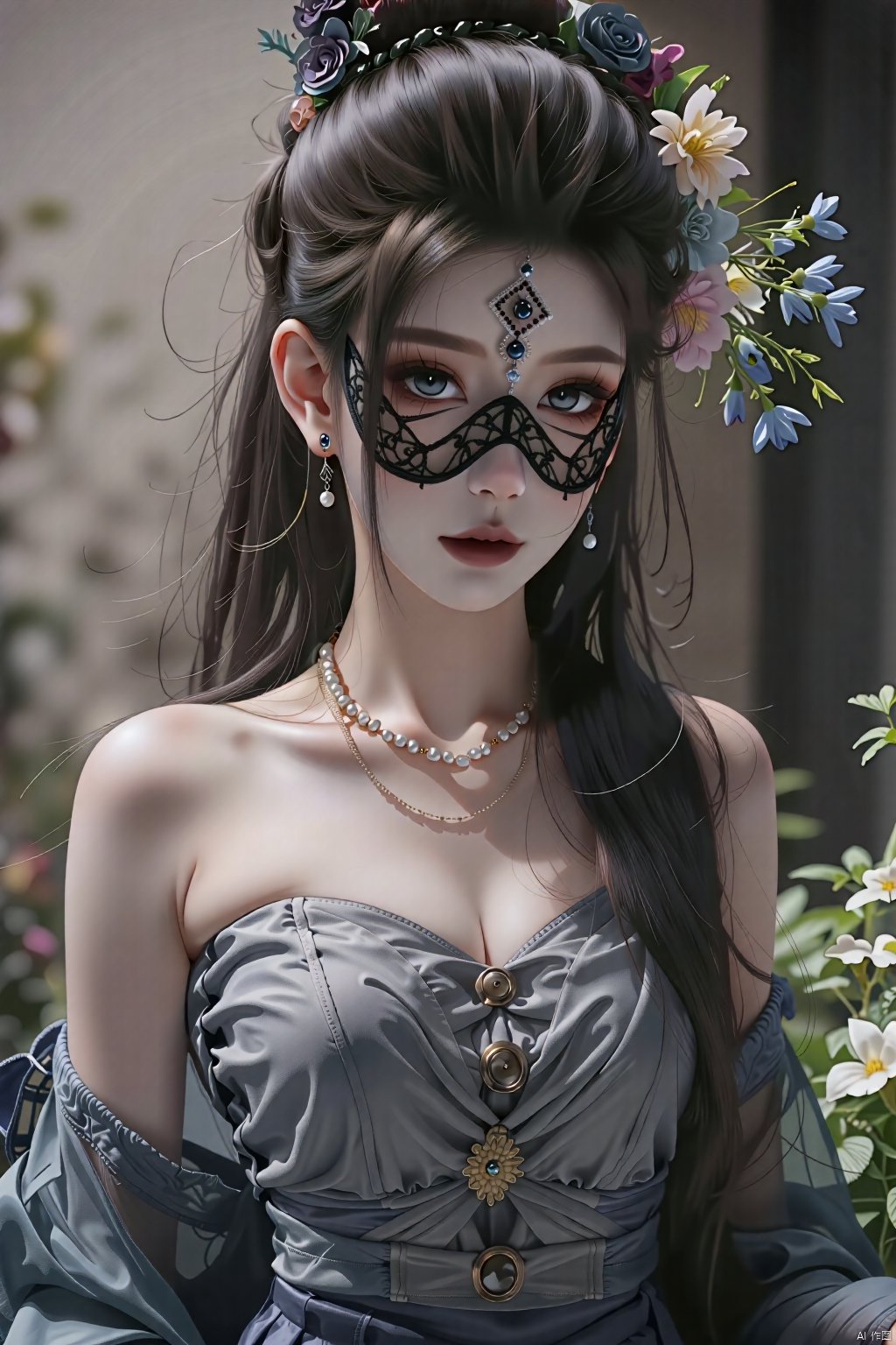  8K image., shinkai color, ((poakl)),GF,1girl, solo, long hair, black hair, hair ornament, dress, bare shoulders, jewelry, upper body, flower, earrings, blurry, blurry background, blindfold,Lace eye mask