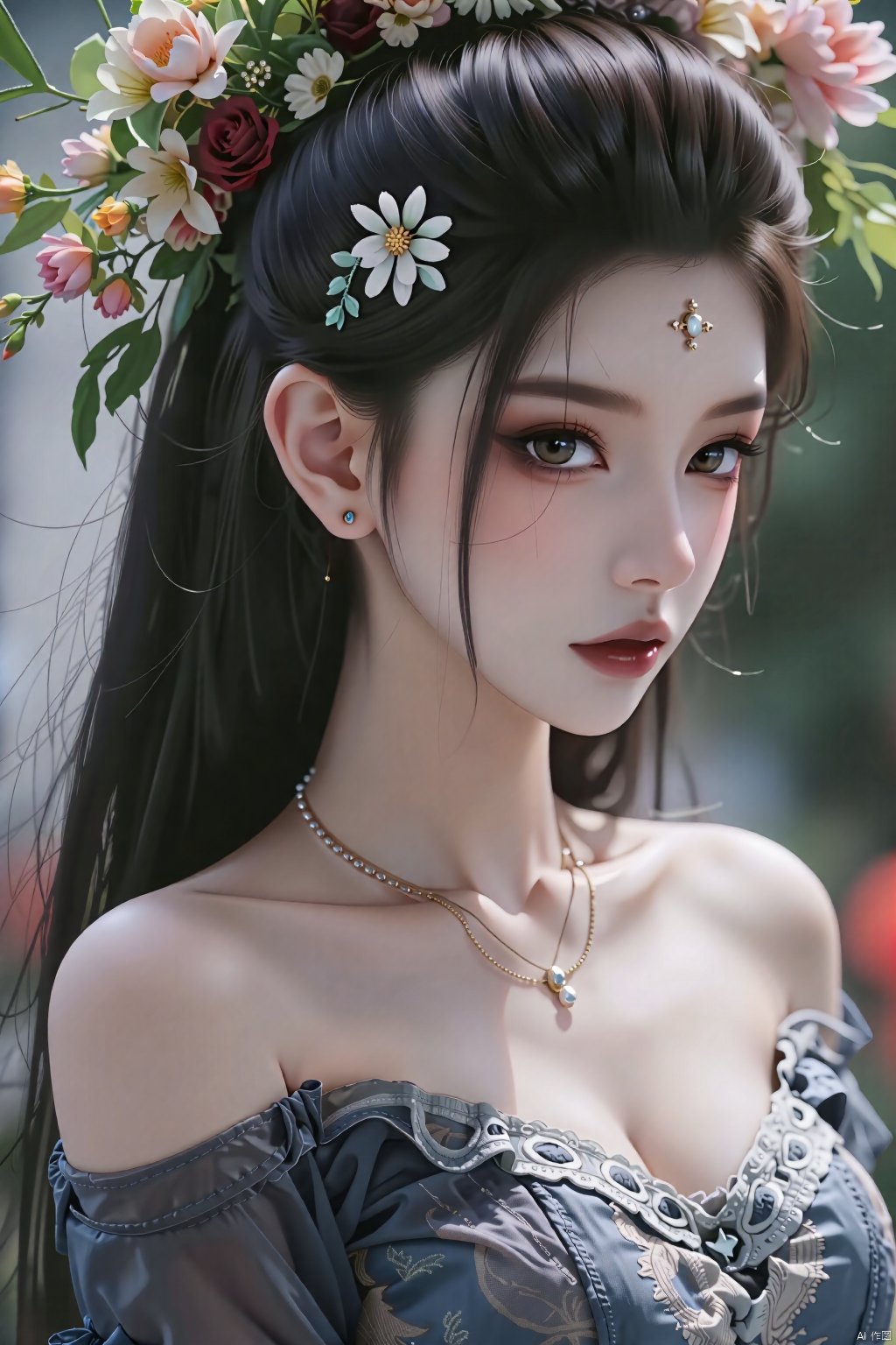  8K image., shinkai color, ((poakl)),GF,1girl, solo, long hair, black hair, hair ornament, dress, bare shoulders, jewelry, upper body, flower, earrings, blurry, blurry background, blindfold