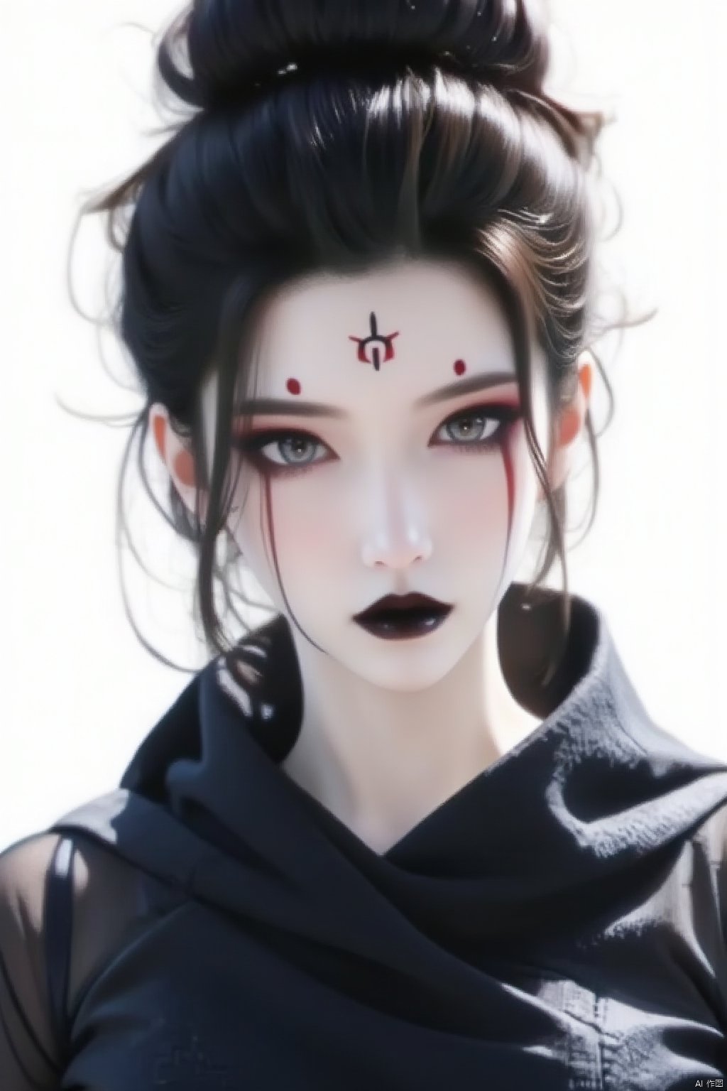 official art,1girl,solo,black hair,facial mark,looking at viewer,forehead mark,makeup,hair bun,black eyes,portrait,lipstick,simple background,black lips,bodysuit,upper body,closed,masterpiece,illustration,an extremely delicate and beautiful,extremely detailed,CG,unity,8k wallpaper,Amazing,finely detail,mouth,forehead mark,黑神话悟空蜘蛛精四妹FLUX-起风了,red forehead mark