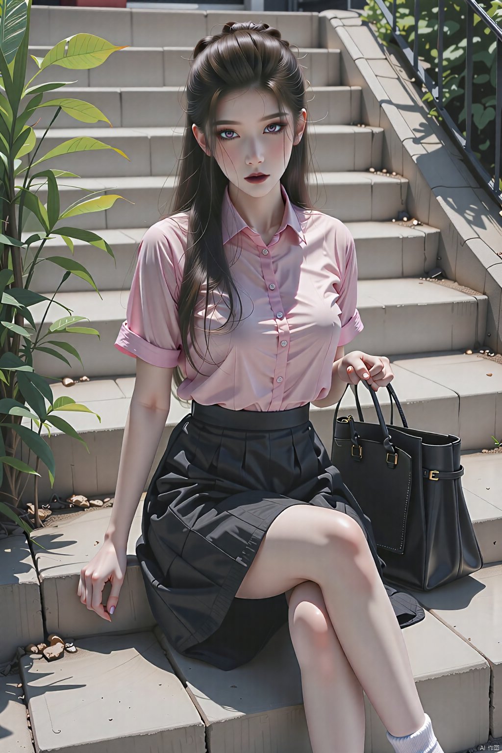  8K image., shinkai color, ((poakl)),GF,1girl, solo, long hair, looking at viewer, skirt, shirt, black hair, sitting, full body, short sleeves, pleated skirt, outdoors, shoes, socks, black skirt, bag, black footwear, black eyes, lips, leaf, white socks, pink shirt, handbag, stairs, sitting on stairs