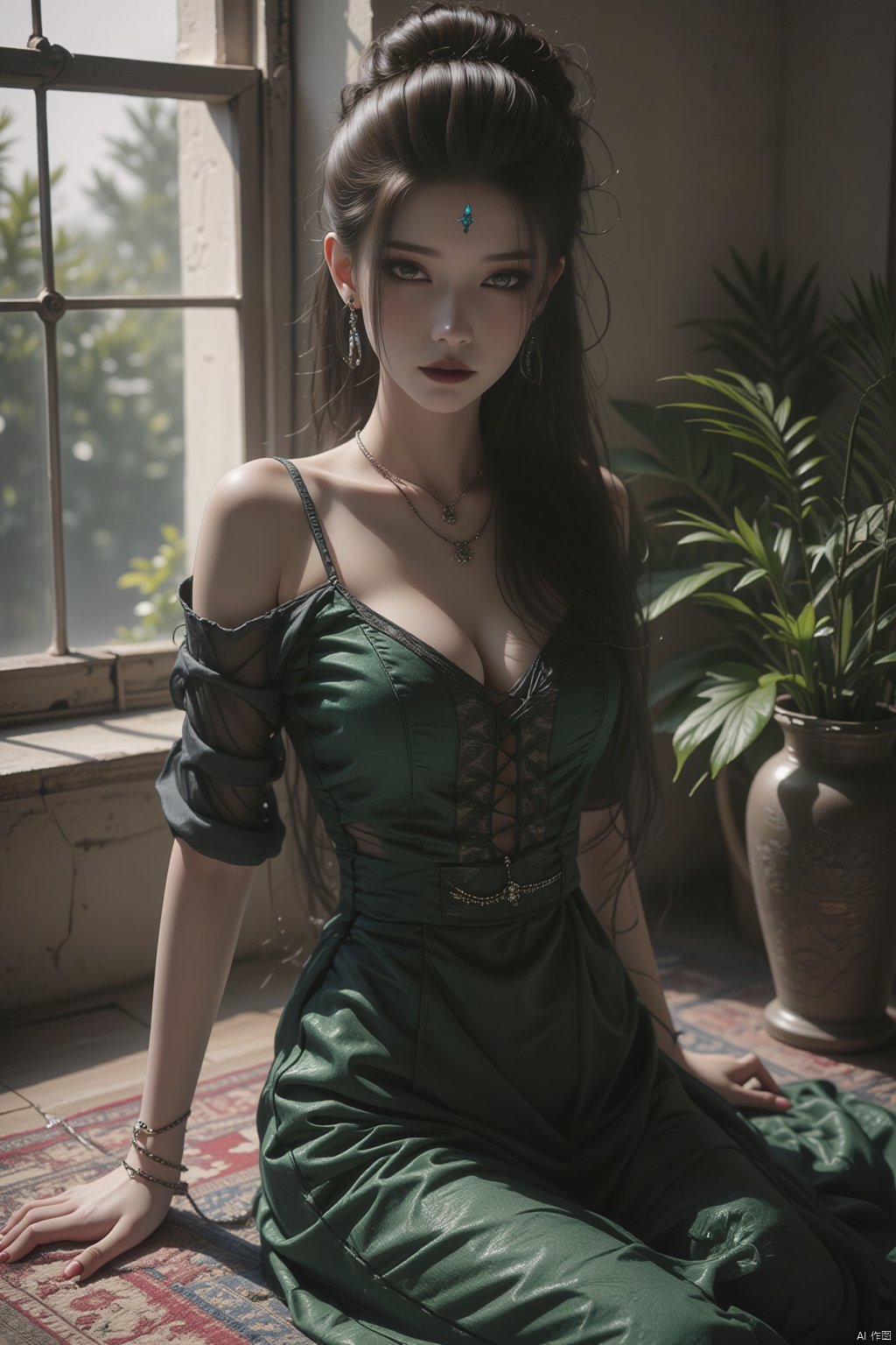 In this breathtaking 8K masterpiece, a stunning GF sits regally, her long black hair cascading down her back like a waterfall of night. Her piercing gaze meets the viewer's, her full breasts straining against the intricate design of her green dress. Her feet, adorned with sparkling jewelry and barefoot, rest delicately on a plush rug, toes curled around the stem of a vase containing a lush plant. The soft glow of cinematic lighting illuminates her features, accentuating the subtle facial mark on her forehead, a bright blue hue that seems to pulse with an inner radiance. Through the nearby window, the outside world fades into a soft focus, as if waiting patiently for this beauty's attention.