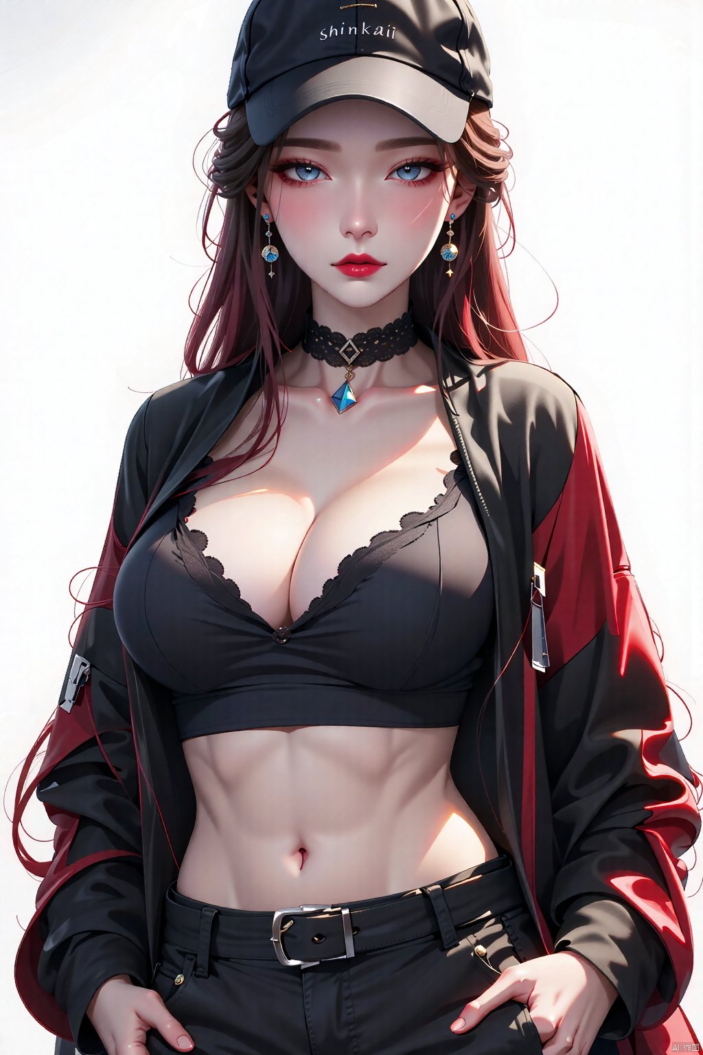  8K image., shinkai color, ((poakl)),GF,1girl, solo, long hair, breasts, looking at viewer, blue eyes, black hair, long sleeves, hat, navel, bare shoulders, jewelry, medium breasts, jacket, red hair, multicolored hair, earrings, open clothes, choker, midriff, belt, pants, off shoulder, stomach, open jacket, lips, black jacket, black headwear, underboob, black choker, baseball cap, realistic, red lips