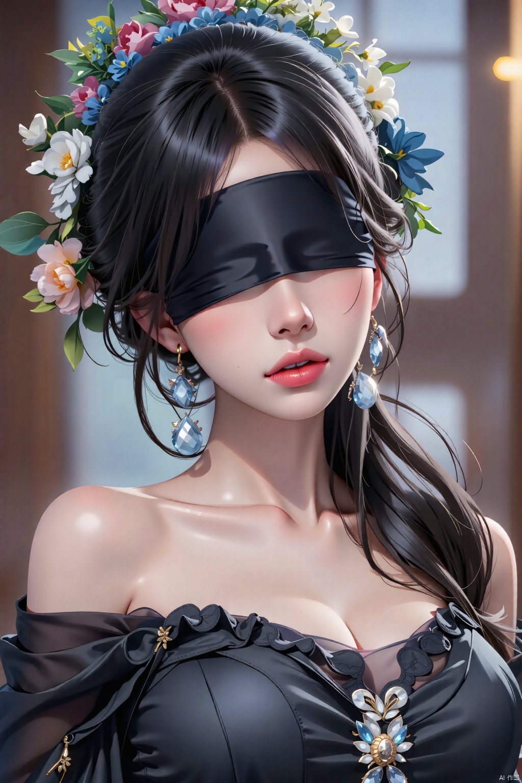  8K image., shinkai color, ((poakl)),GF,1girl, solo, long hair, black hair, hair ornament, dress, bare shoulders, jewelry, upper body, flower, earrings, blurry, blurry background, blindfold