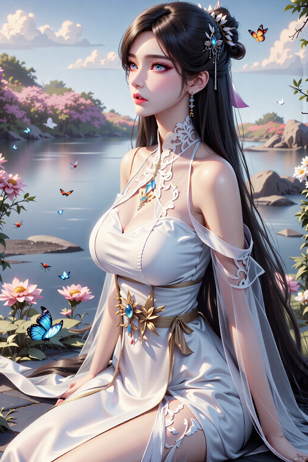  8K image., shinkai color, ((poakl)),GF,1girl, solo, long hair, blue eyes, brown hair, black hair, hair ornament, dress, jewelry, sitting, very long hair, closed mouth, upper body, earrings, white dress, clothing cutout, expressionless, bug, butterfly