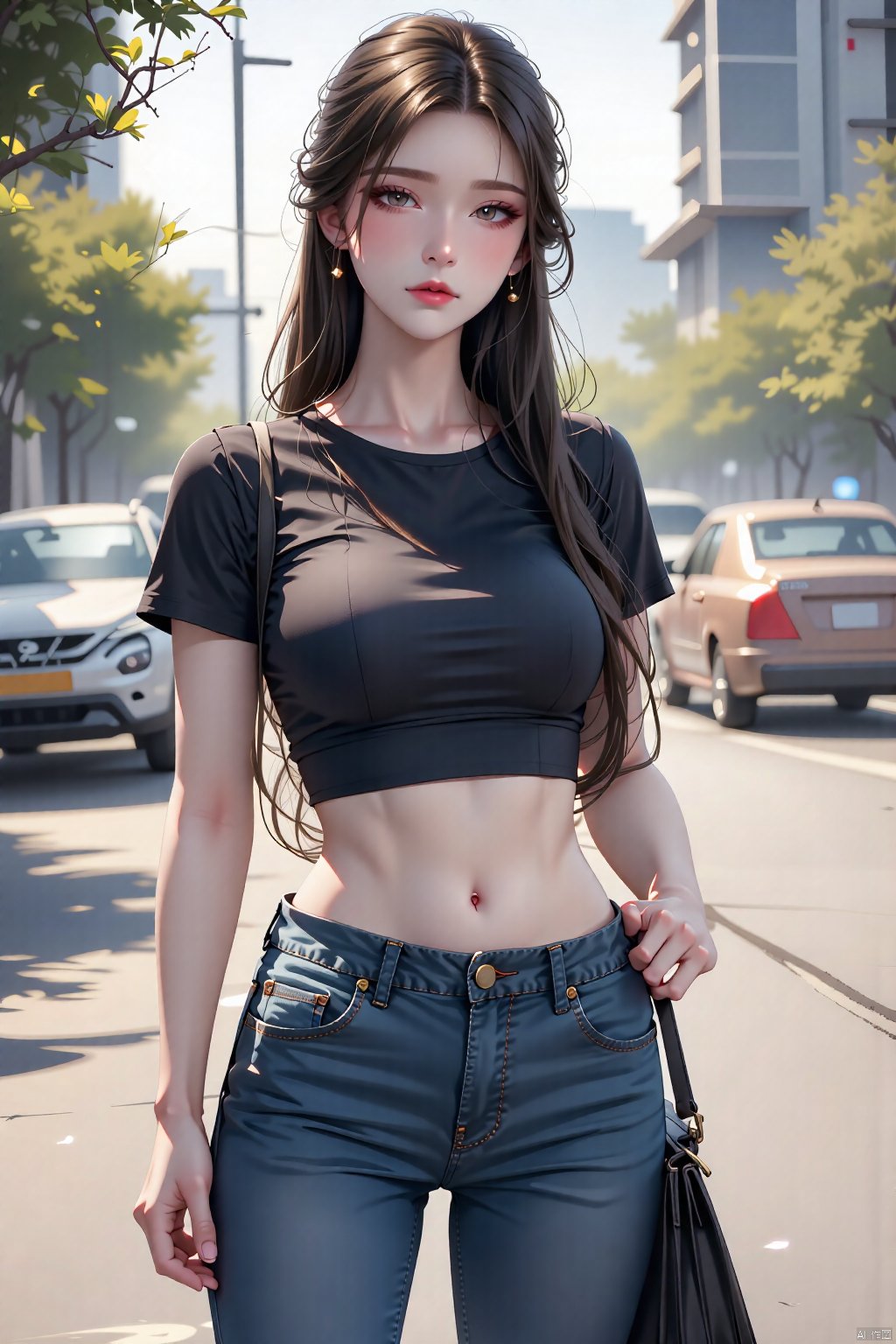  8K image., shinkai color, ((poakl)),GF,1girl, solo, long hair, breasts, looking at viewer, large breasts, brown hair, shirt, navel, brown eyes, closed mouth, standing, short sleeves, outdoors, sky, solo focus, day, midriff, pants, artist name, bag, blurry, tree, lips, crop top, hand on hip, black shirt, blurry background, thigh gap, denim, hand on own chest, ground vehicle, building, motor vehicle, jeans, handbag, city, taut clothes, car, road, taut shirt, street