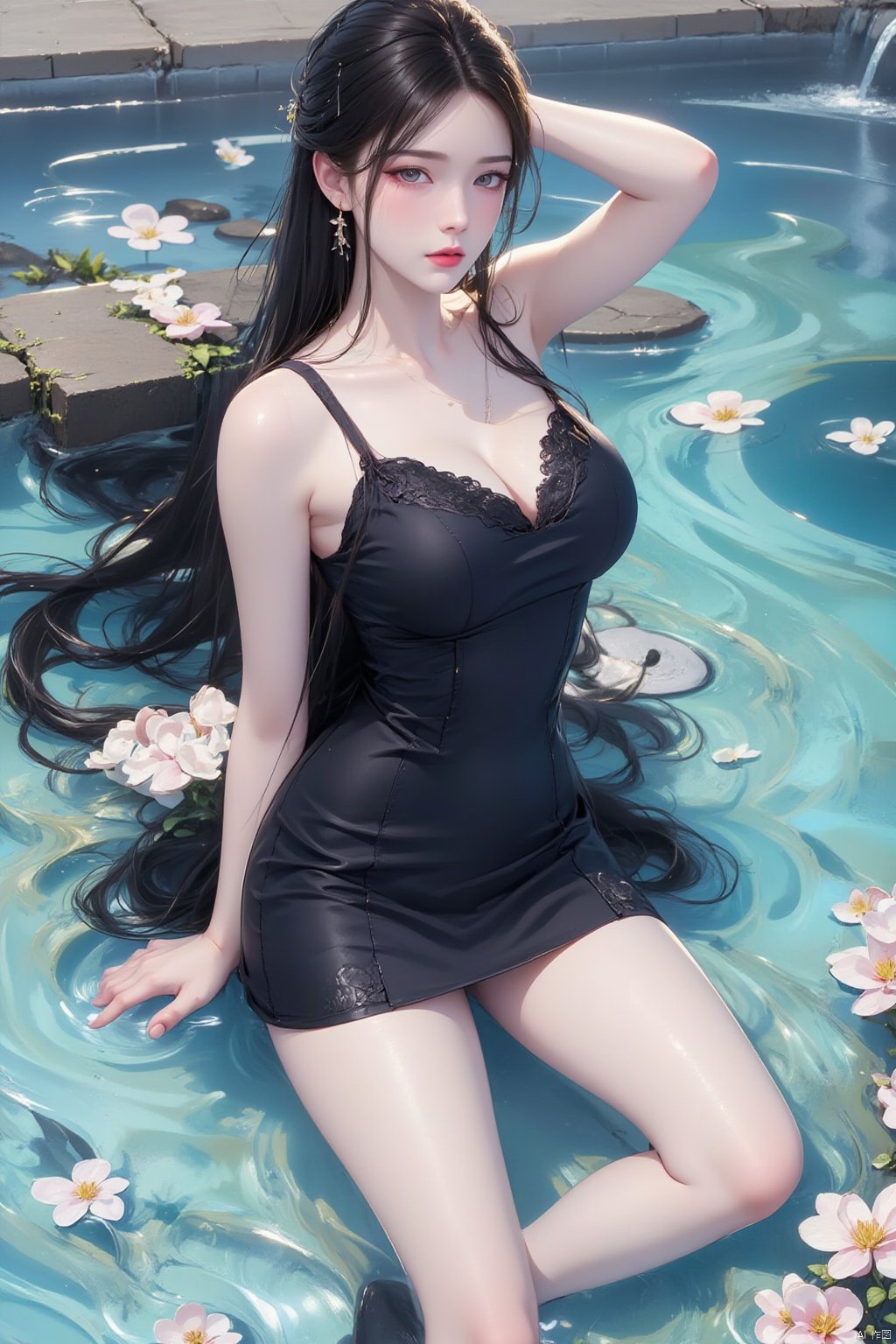 1girl, solo, long hair, looking at viewer, black hair, dress, jewelry, full body, flower, earrings, lying, water, necklace, black footwear, black dress, arm up, high heels, petals, bare legs, partially submerged, hand on own head