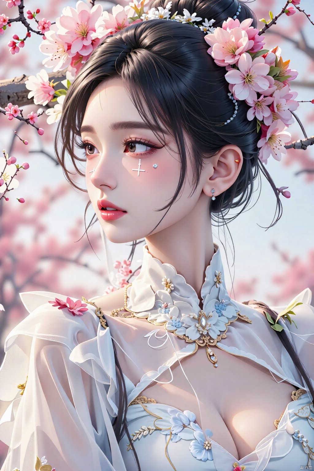  8K image., shinkai color, ((poakl)),1girl, solo, long hair, black hair, hair ornament, dress, jewelry, upper body, flower, earrings, hair bun, white dress, cherry blossoms, blindfold, branch,Lace eye mask
