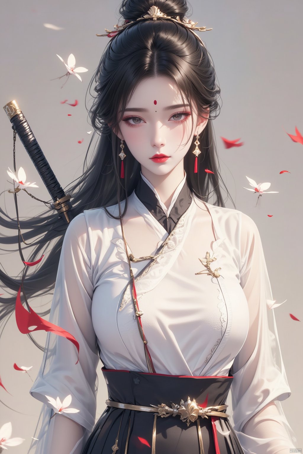  8K image.1girl, solo, long hair, black hair, hair ornament, long sleeves, dress, holding, jewelry, closed mouth, upper body, weapon, earrings, sword, hair bun, holding weapon, white dress, petals, facial mark, holding sword, chinese clothes, forehead mark, falling petals, reverse grip