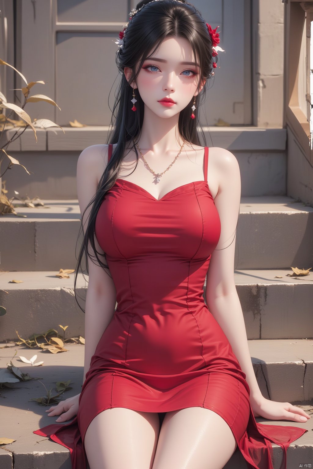  8K image., shinkai color, ((poakl)),GF,1girl, solo, long hair, breasts, looking at viewer, blue eyes, black hair, hair ornament, dress, bare shoulders, jewelry, sitting, full body, flower, earrings, pointy ears, necklace, high heels, legs, bare legs, red dress, stairs