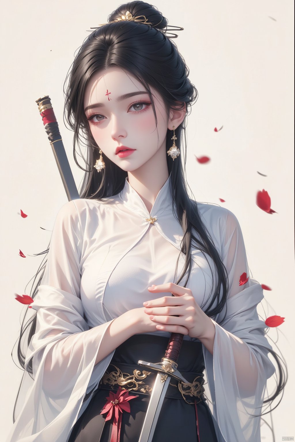  8K image.1girl, solo, long hair, black hair, hair ornament, long sleeves, dress, holding, jewelry, closed mouth, upper body, weapon, earrings, sword, hair bun, holding weapon, white dress, petals, facial mark, holding sword, chinese clothes, forehead mark, falling petals, reverse grip