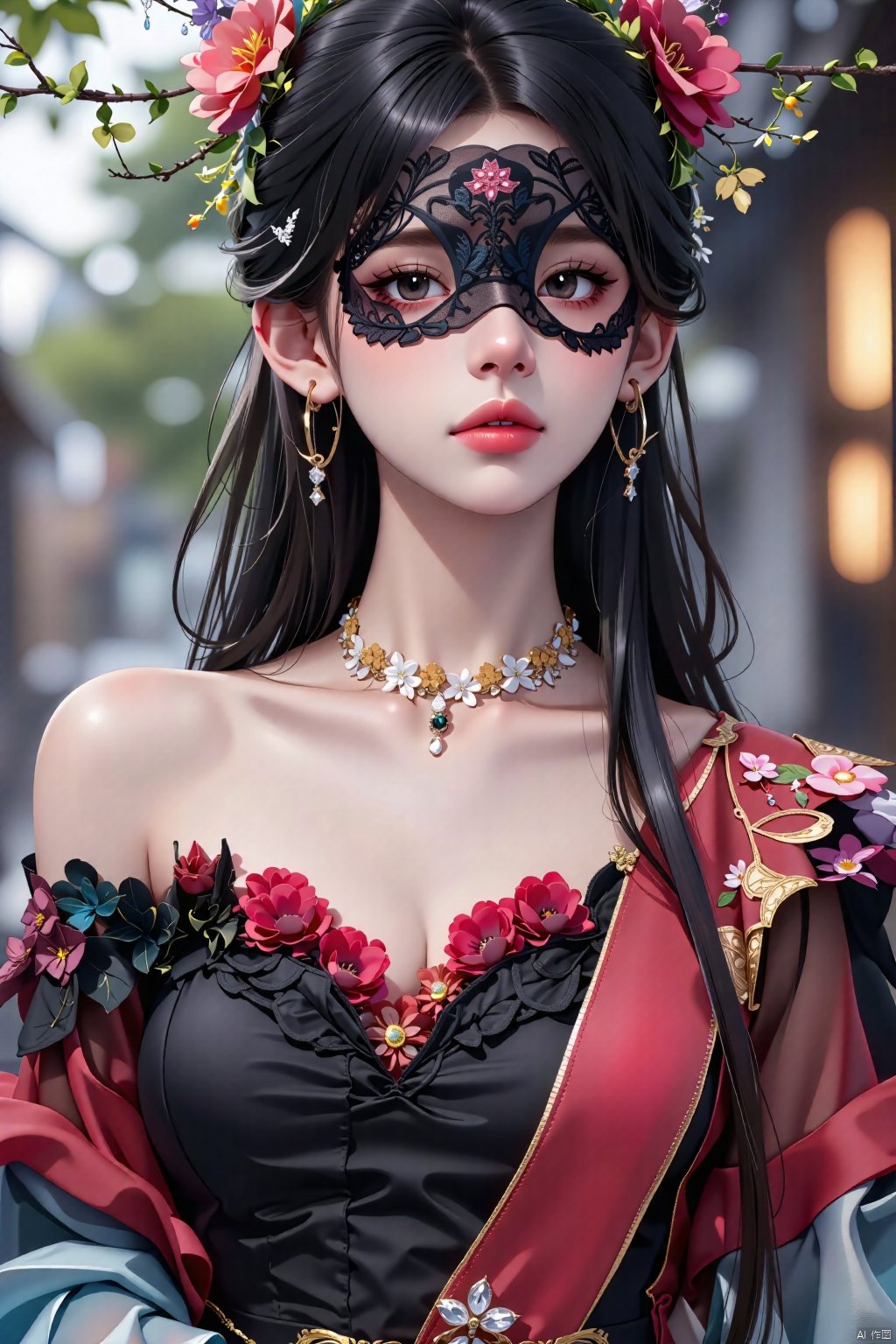  8K image., shinkai color, ((poakl)),GF,1girl, solo, long hair, black hair, hair ornament, dress, bare shoulders, jewelry, upper body, flower, earrings, blurry, blurry background, blindfold,Lace eye mask