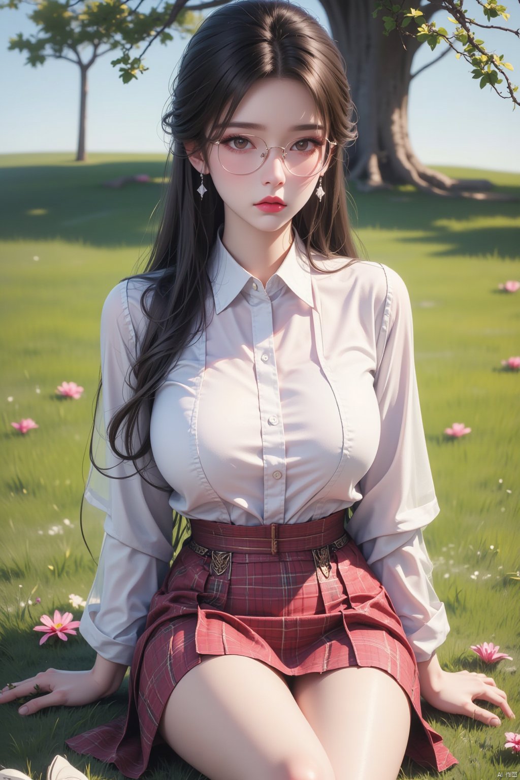  8K image,1girl, solo, long hair, looking at viewer, skirt, brown hair, shirt, long sleeves, brown eyes, jewelry, sitting, white shirt, flower, earrings, outdoors, shoes, glasses, day, collared shirt, tree, lips, legs, book, plaid, bare legs, plaid skirt, white footwear, grass, pink flower, open book,black hair,