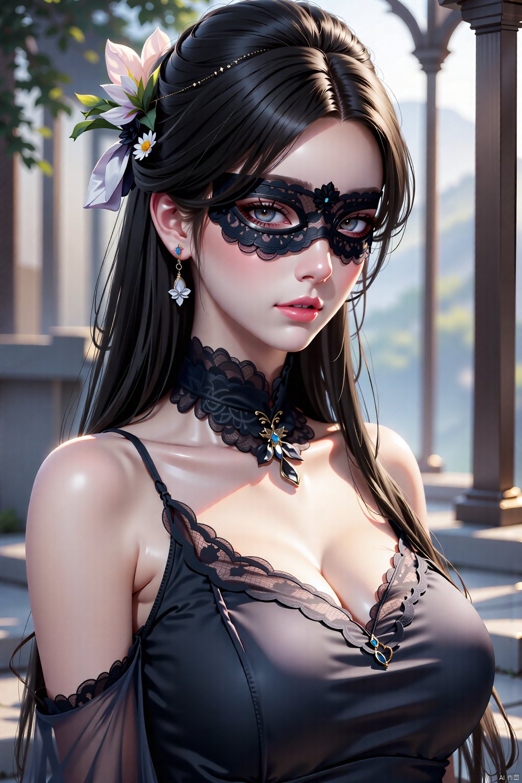  8K image., shinkai color, ((poakl)),GF,1girl, solo, long hair, black hair, hair ornament, dress, bare shoulders, jewelry, upper body, flower, earrings, blurry, blurry background, blindfold,Lace eye mask