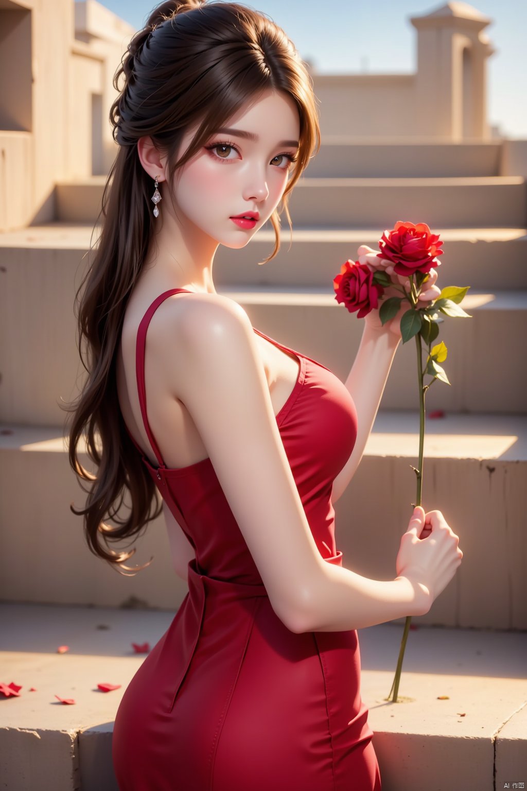 1girl, solo, long hair, looking at viewer, brown hair, dress, holding, bare shoulders, brown eyes, jewelry, upper body, flower, earrings, sleeveless, looking back, hand up, from behind, blurry, lips, parted bangs, bare arms, sleeveless dress, depth of field, rose, red dress, lipstick, red flower, red rose, stairs, glint, holding flower, red lips