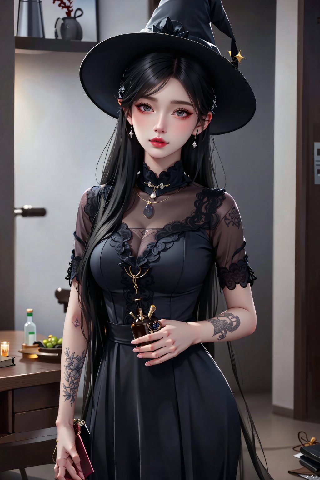  8K image., shinkai color, ((poakl)),GF,1girl, solo, long hair, breasts, looking at viewer, black hair, hat, dress, holding, jewelry, medium breasts, standing, short sleeves, earrings, pointy ears, indoors, blurry, black dress, book, black headwear, tattoo, witch hat, blurry background, table, bottle, red lips, witch, arm tattoo