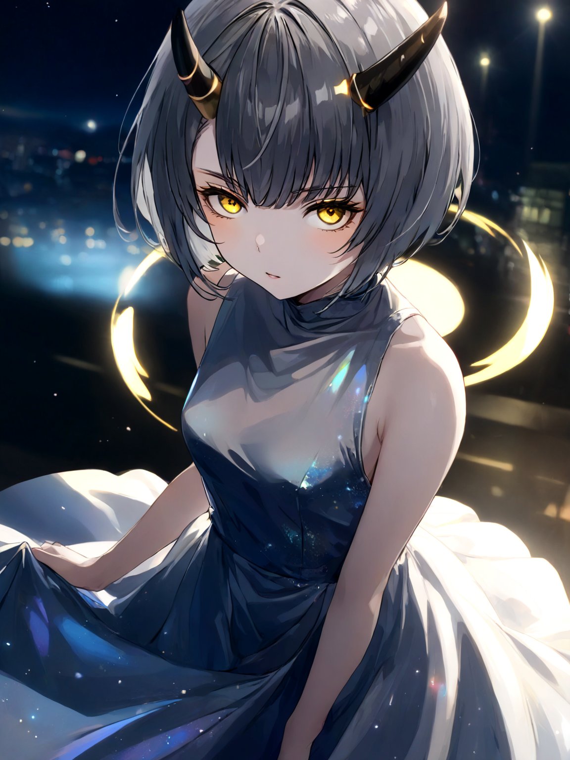 best quality, 8k, 8k UHD, ultra-high resolution, ultra-high definition, highres
,//Character, 
1girl, solo
,//Fashion, 
,//Background, 
,//Others, ,Expressiveh,
Ataru, short hair, grey hair, yellow eyes, heterochromia, glowing, single horn, dress