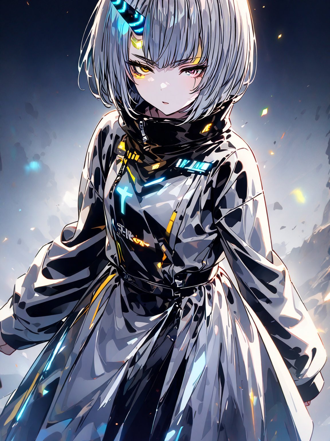 best quality, 8k, 8k UHD, ultra-high resolution, ultra-high definition, highres
,//Character, 
1girl, solo
,//Fashion, 
,//Background, 
,//Others, ,Expressiveh,
Ataru, short hair, grey hair, yellow eyes, heterochromia, glowing, single horn, dress