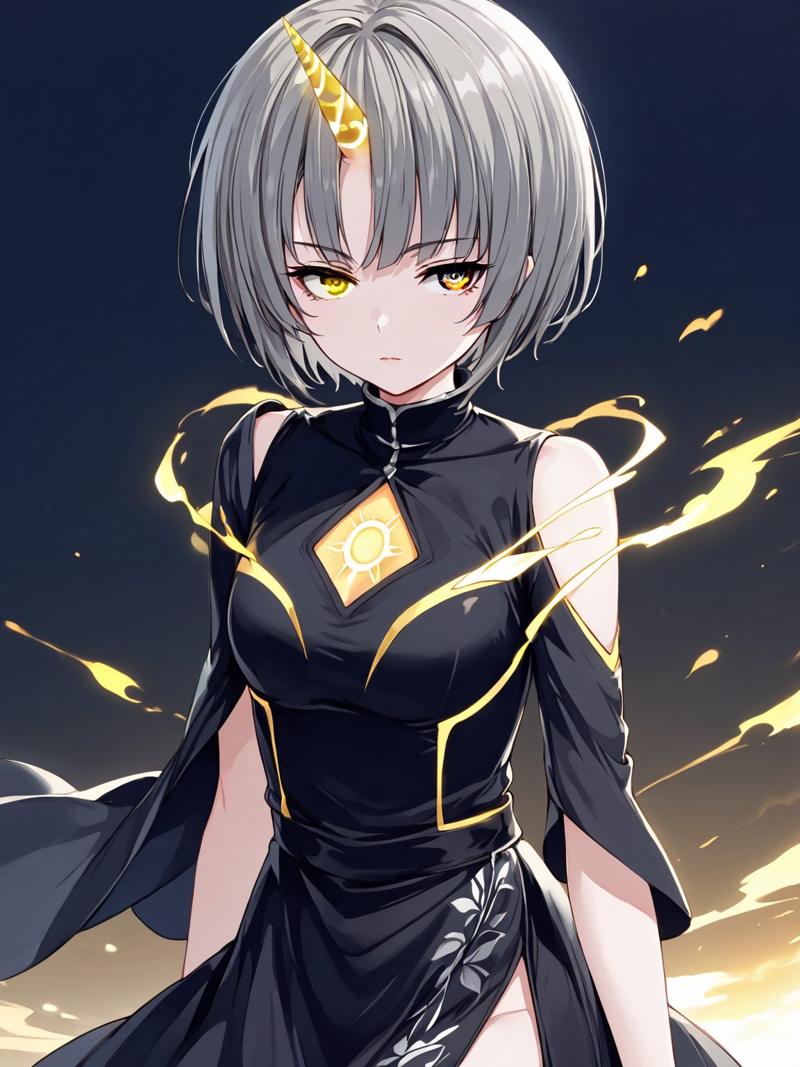 best quality, 8k, 8k UHD, ultra-high resolution, ultra-high definition, highres
,//Character, 
1girl, solo
,//Fashion, 
,//Background, 
,//Others, ,Expressiveh,
Ataru, short hair, grey hair, yellow eyes, heterochromia, glowing, single horn, dress