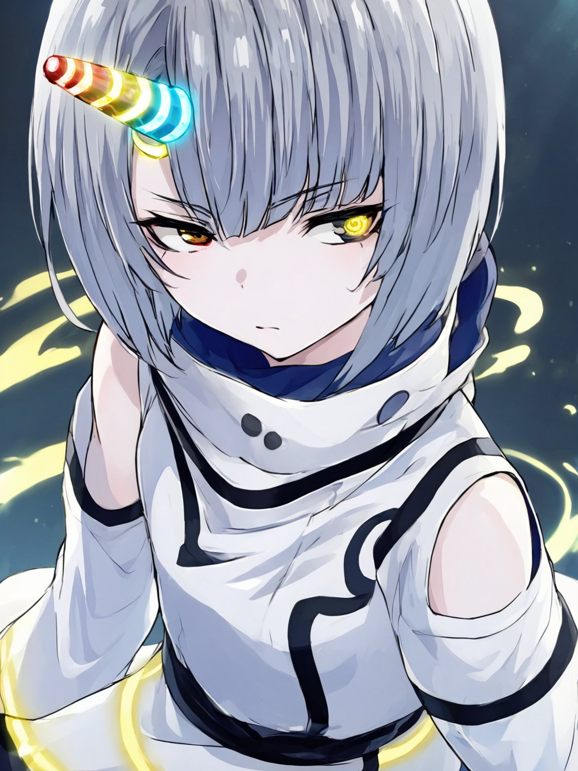 best quality, 8k, 8k UHD, ultra-high resolution, ultra-high definition, highres
,//Character, 
1girl, solo
,//Fashion, 
,//Background, 
,//Others, ,Expressiveh,
Ataru, short hair, grey hair, yellow eyes, heterochromia, glowing, single horn, dress